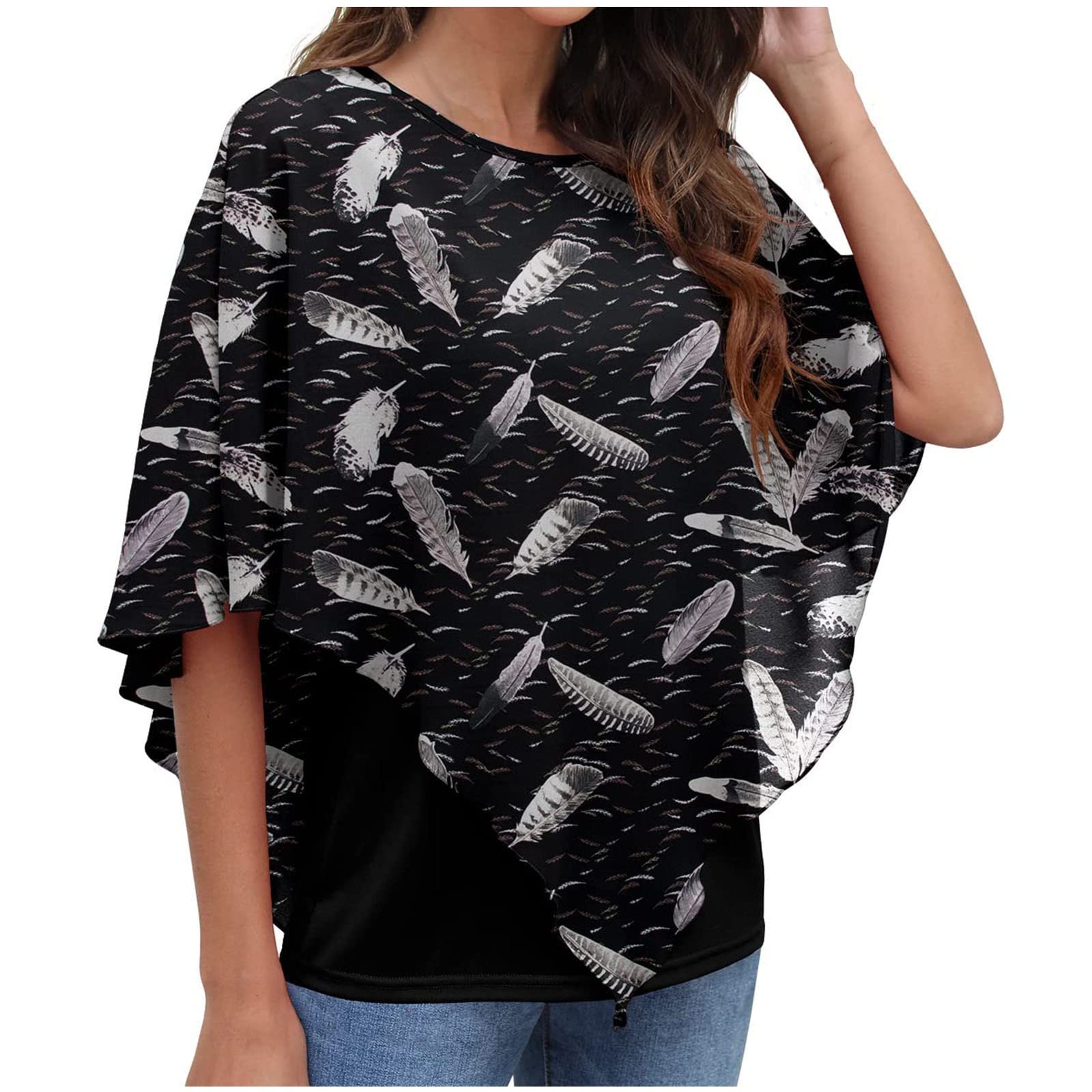 Women's Summer Tunic Blouse - Vintage Chiffon Short Sleeve Top with Flowy Shawl & Double Layer Design | Perfect for Beach Outings, Casual Wear & Summer Vacations