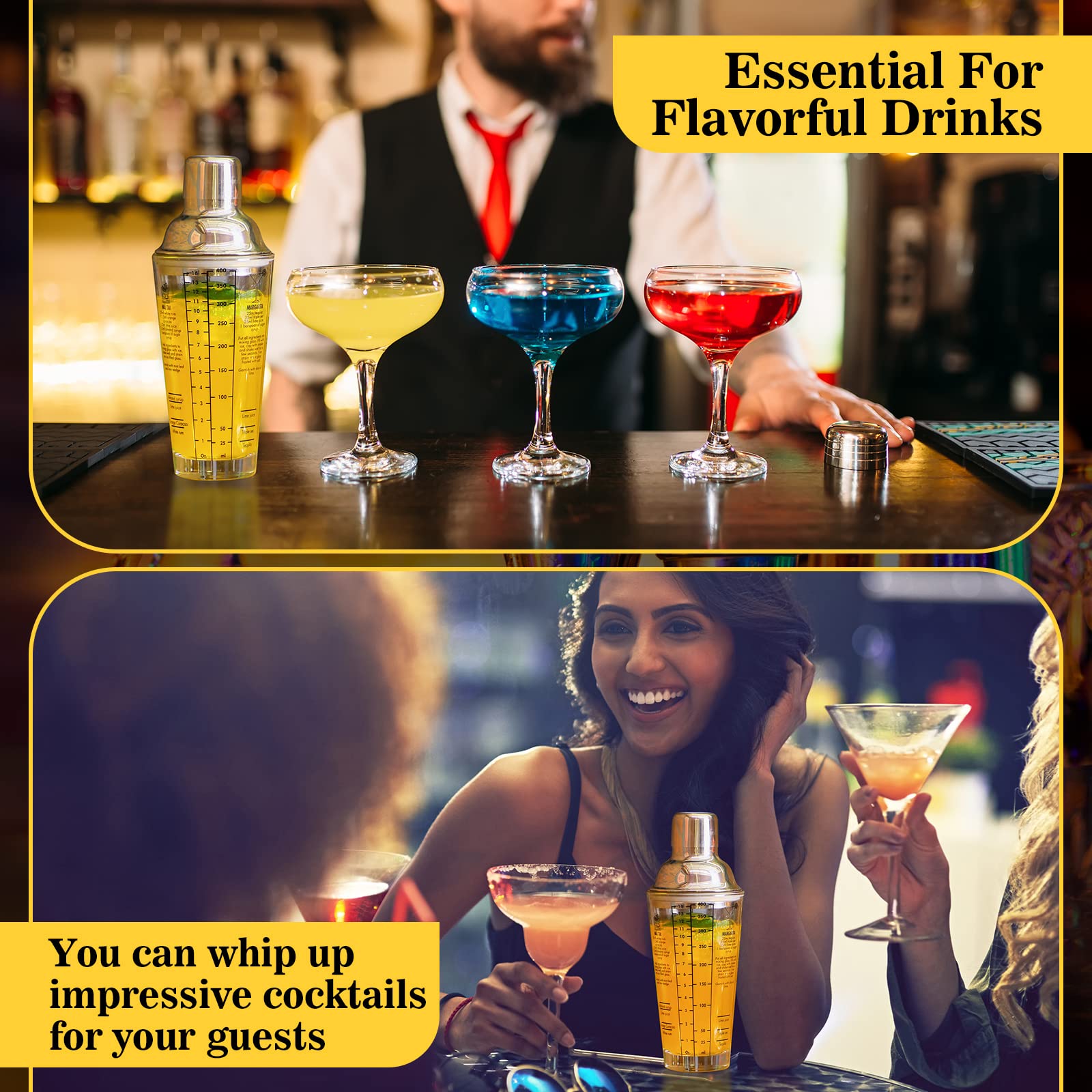 Roshtia 4-Piece 14oz Clear Glass Cocktail Shaker Set with Built-in Measurement Scale, Strainer & Recipe Guide - Professional Bartender Tools for Mixing Martinis, Margaritas & Cocktails at Home Bars, Parties & Restaurants