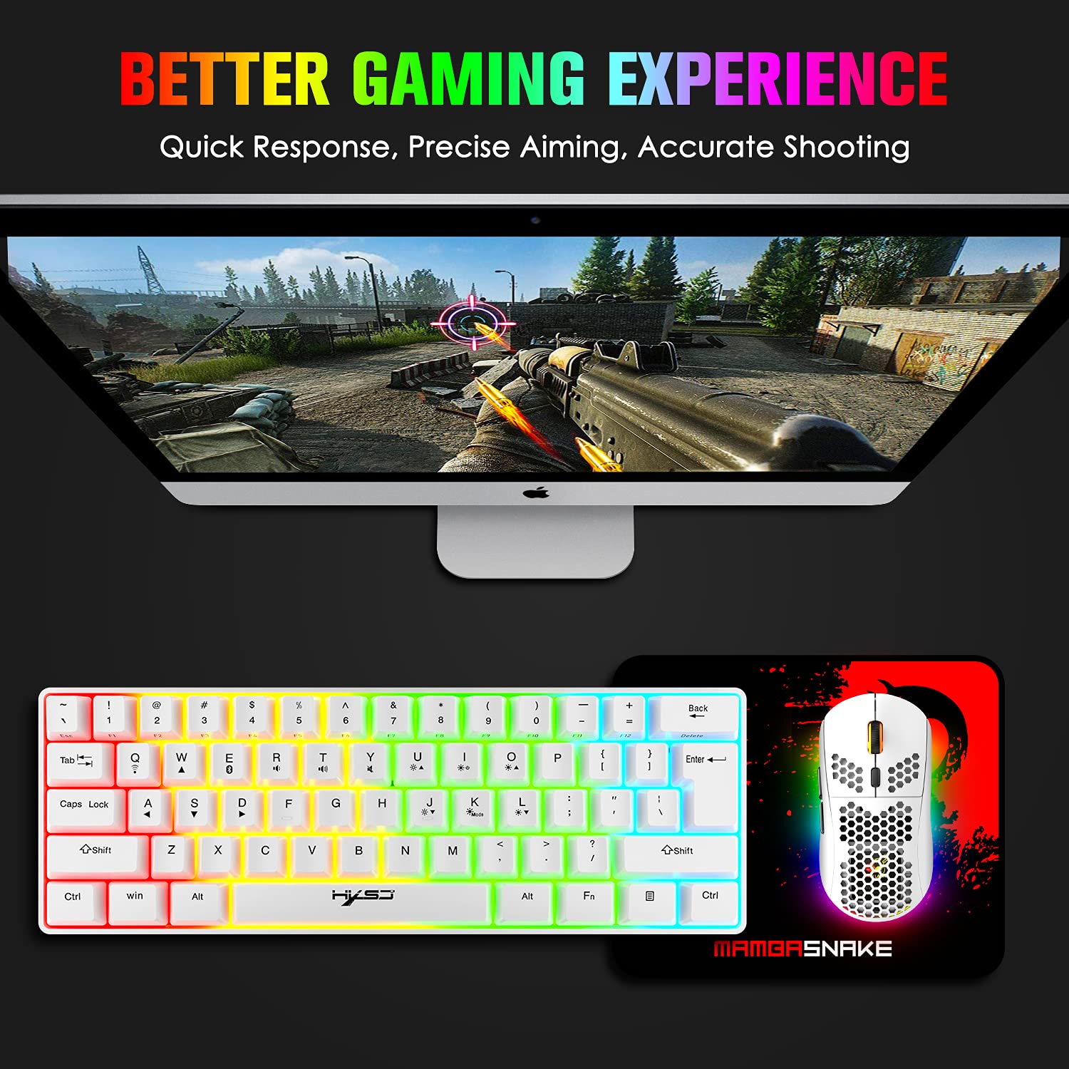 Rechargeable Bluetooth 5.0 & 2.4G Wireless/USB Wired Dual-Mode RGB Backlit Gaming Keyboard - 61-Key Compact Mechanical Keyboard with Anti-Ghosting, Wireless Gaming Mouse (750mAh Battery) for PC Gamers - Perfect for Esports, Streaming & Office Work
