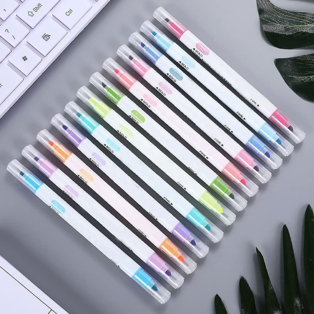 12Pcs Double Ended Highlighter Set - Multicolor Marker Pens with Broad & Fine Tips for Kids, Adults & Students - Perfect for Coloring, Underlining, Highlighting & Journaling - Ideal for School, Office & Creative Projects