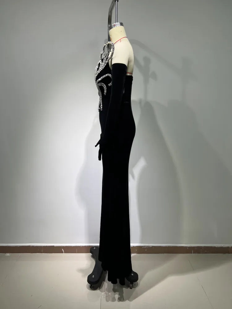 2024 New Women's Long Sleeve Off Shoulder Floor Length Evening Dress with Gloves - Elegant Prom Party Gown for Formal Occasions, Weddings & Special Events