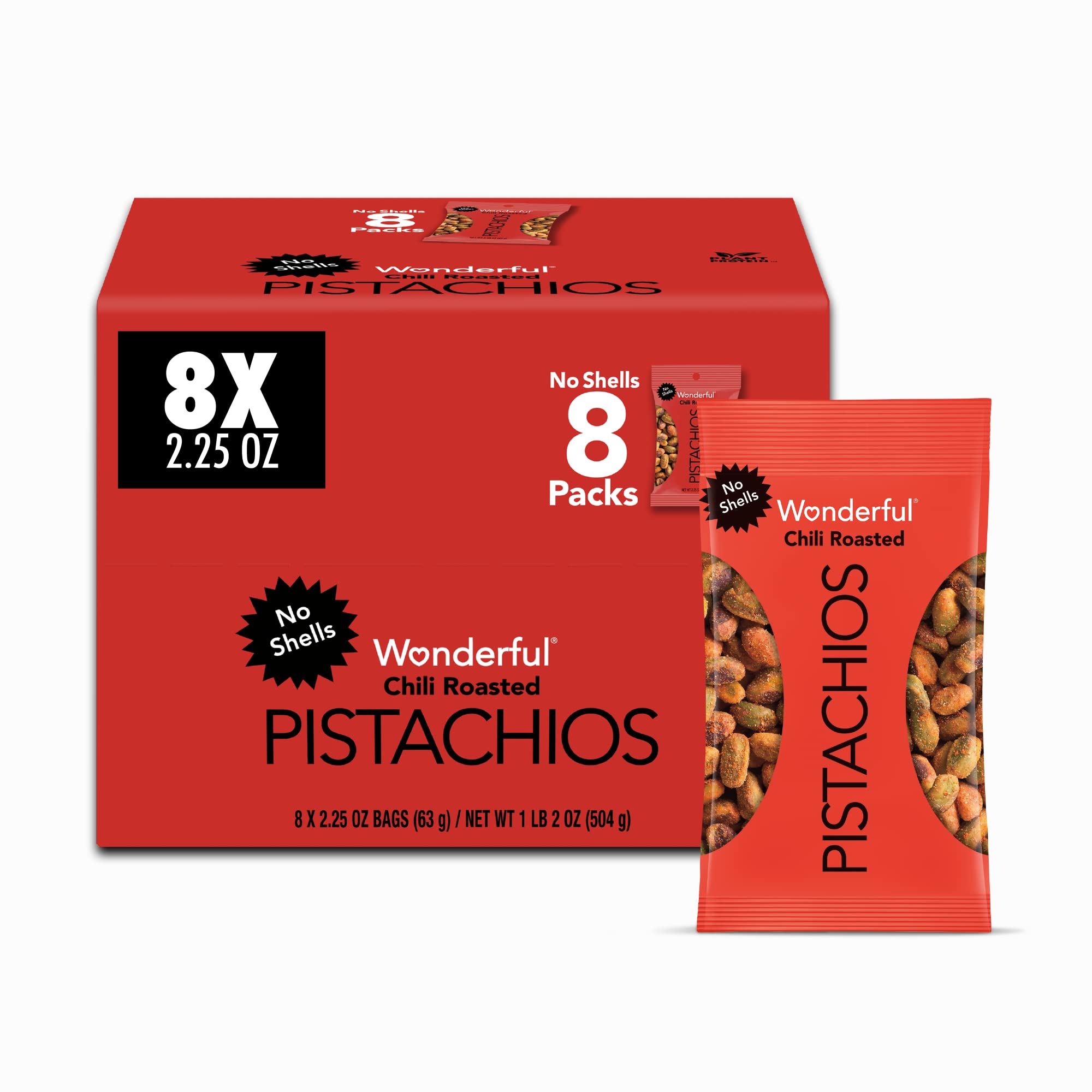 Wonderful Pistachios No Shells, Chili Roasted Nuts - 2.25 Ounce (Pack of 8) | High Protein Snacks, Gluten Free, Healthy Pantry Staples | Perfect for Office Snacks, Travel & On-the-Go Nutrition