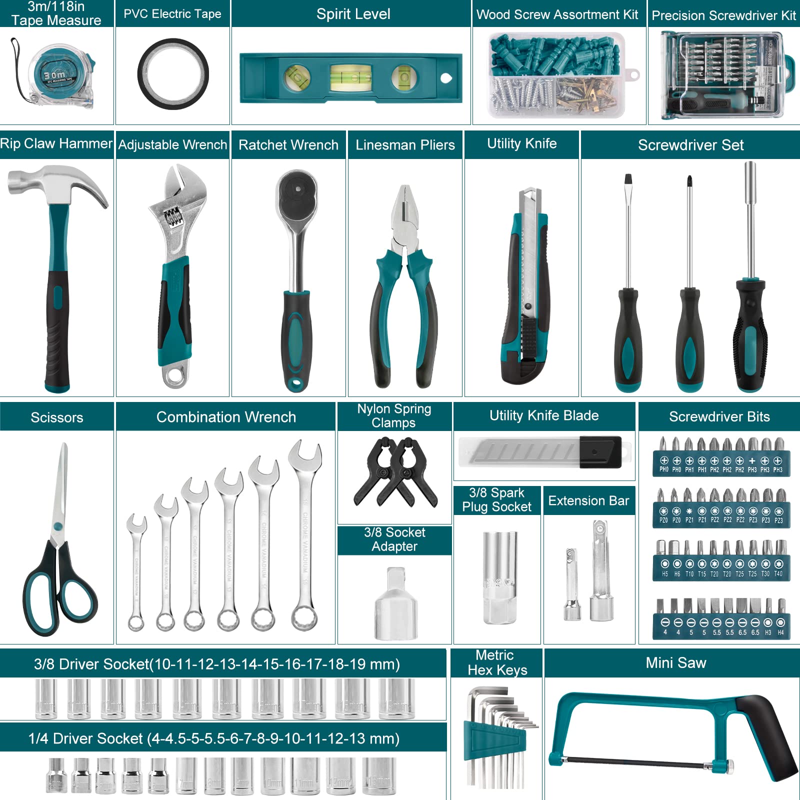 Sundpey 257-Piece Home Tool Kit - Complete General Household Hand Tool Set with Ratchet, Screwdriver & Socket Sets - Portable Repair Tools for Men & Women - Includes Durable Tool Box Storage Case - Perfect for DIY Projects, Home Repairs & Automotive Maintenance