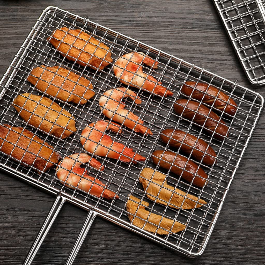 Premium Stainless Steel Grilling Basket with Handle - 28x23cm BBQ Grill Basket for Fish, Vegetables, Steak, Shrimp & Meat | Portable Barbecue Tool for Outdoor Cooking, Camping & Backyard Parties (Silver)