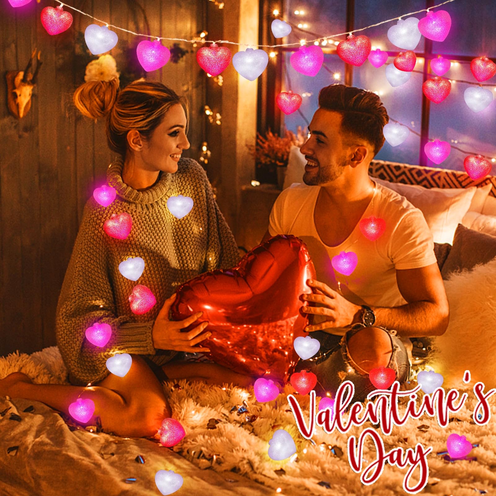 10 Ft 20 LED 3D Heart String Lights - Pink Red White Valentine's Garland with Glitter | Battery Operated for Indoor & Outdoor Decor | Perfect for Home, Party, Wedding, Bedroom & Garden Romantic Lighting