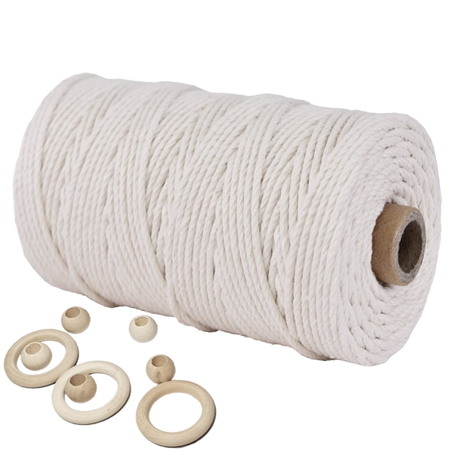 3mm Macrame Cord - 109 Yards Beige Natural Cotton Twisted Rope (4 Strands) for DIY Wall Hangings, Plant Hangers, Knitting Crafts, Christmas & Wedding Decorations | Perfect for Boho Home Decor and Handmade Gift Projects