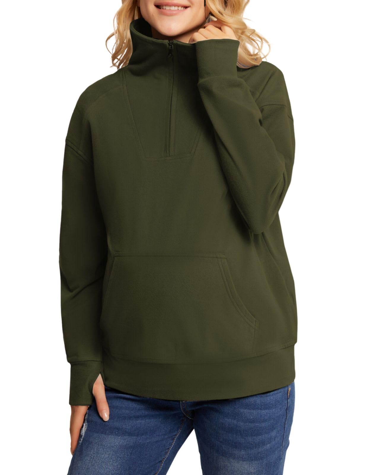 Maacie Maternity Sweatshirt - Half Zip Fleece Pullover with Lapel, Thumbholes & Kangaroo Pocket - Warm Nursing Hoodie for Pregnancy & Postpartum Comfort