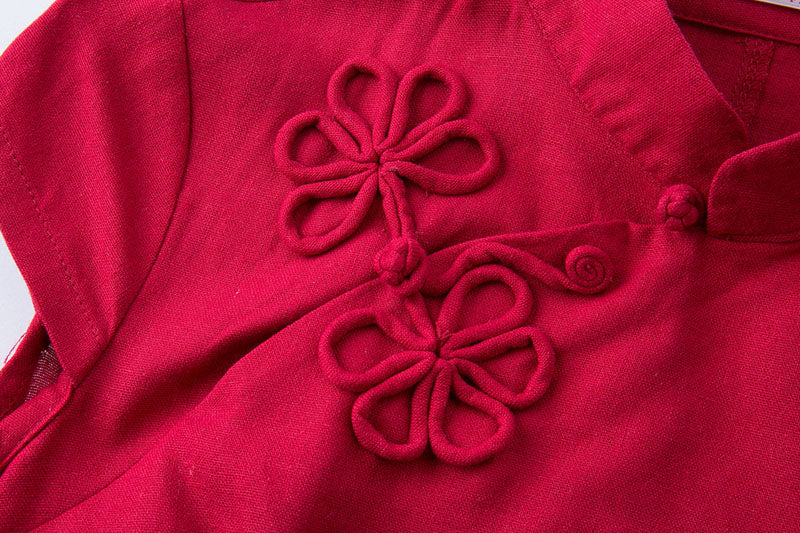 Red Green Linen Qipao Cheongsam T-Shirt Top - Vintage Chinese Style Women's Blouse for Casual Wear, Tea Parties & Cultural Events