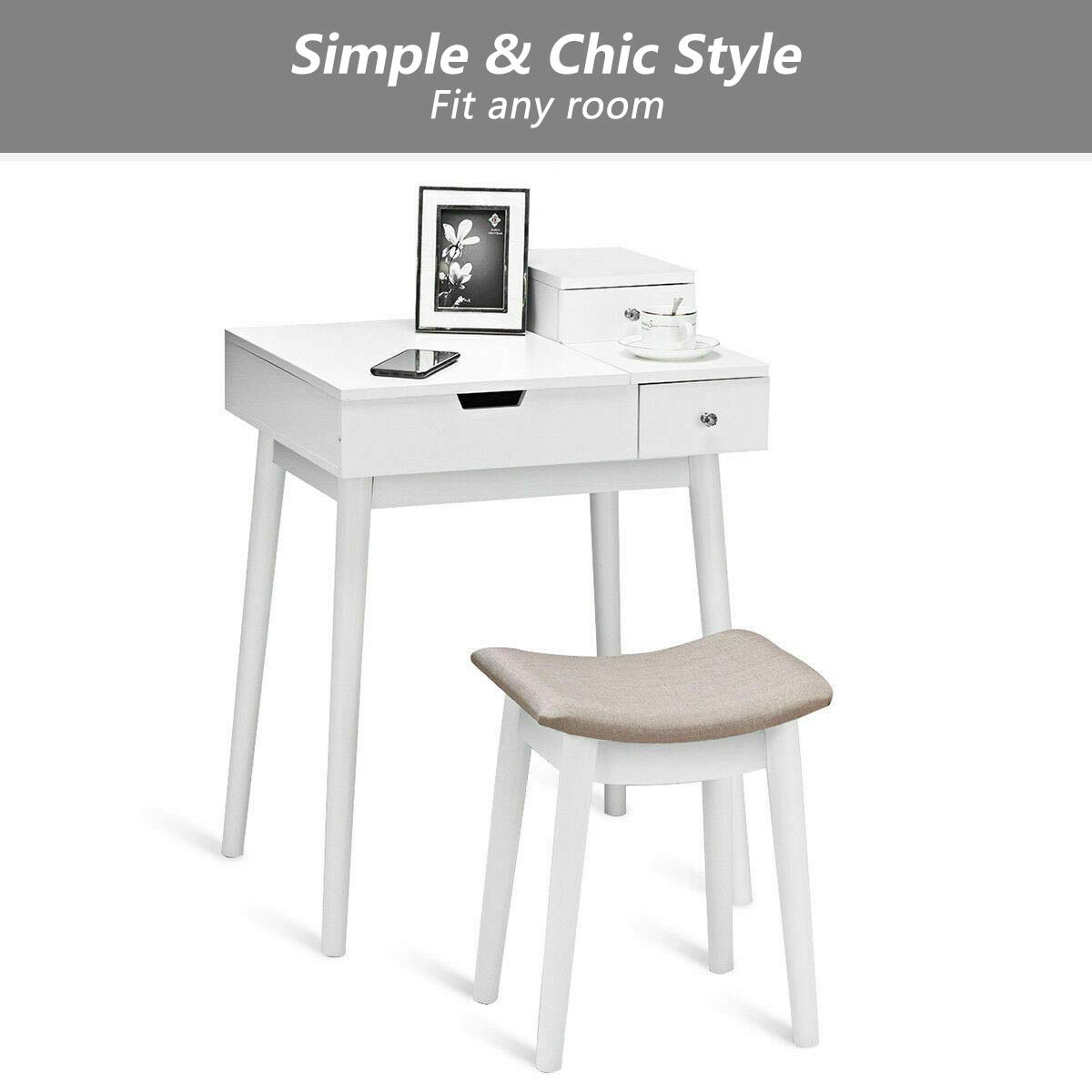 Vanity Dressing Table Set with Flip Mirror & Stool - Modern Writing Desk & Makeup Vanity for Bedroom, Home Office - Perfect for Beauty Routine, Study & Work Space