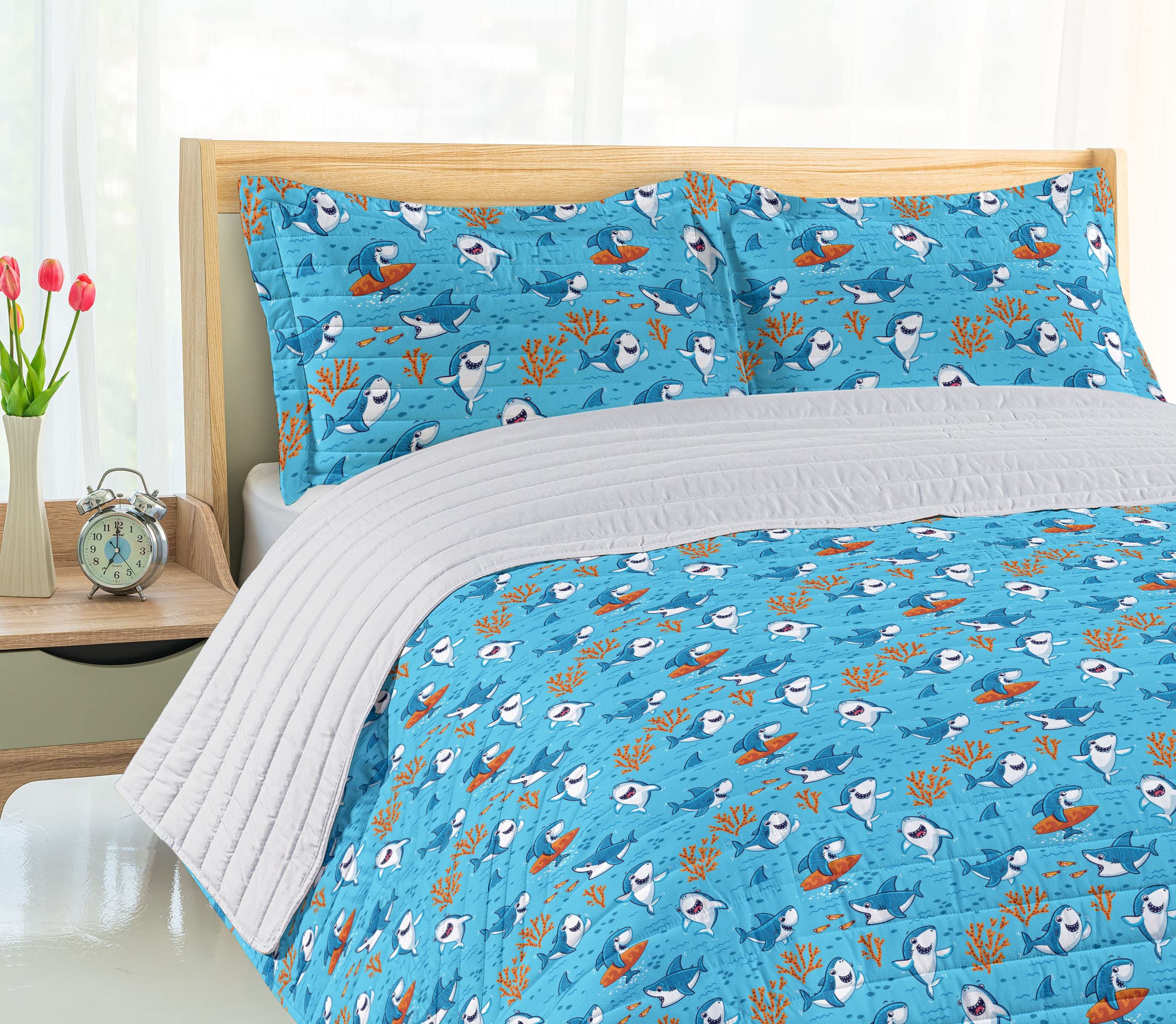 Ambesonne Shark Microfiber Bedspread Set - Underwater Fantasy World with Playful Fish Characters & Cheerful Mascots | Soft Queen Size Bedding Set Includes Pillow Shams & Comforter in Blue White Orange | Perfect for Kids' Rooms, Beach Themed Decor & Shark Lovers