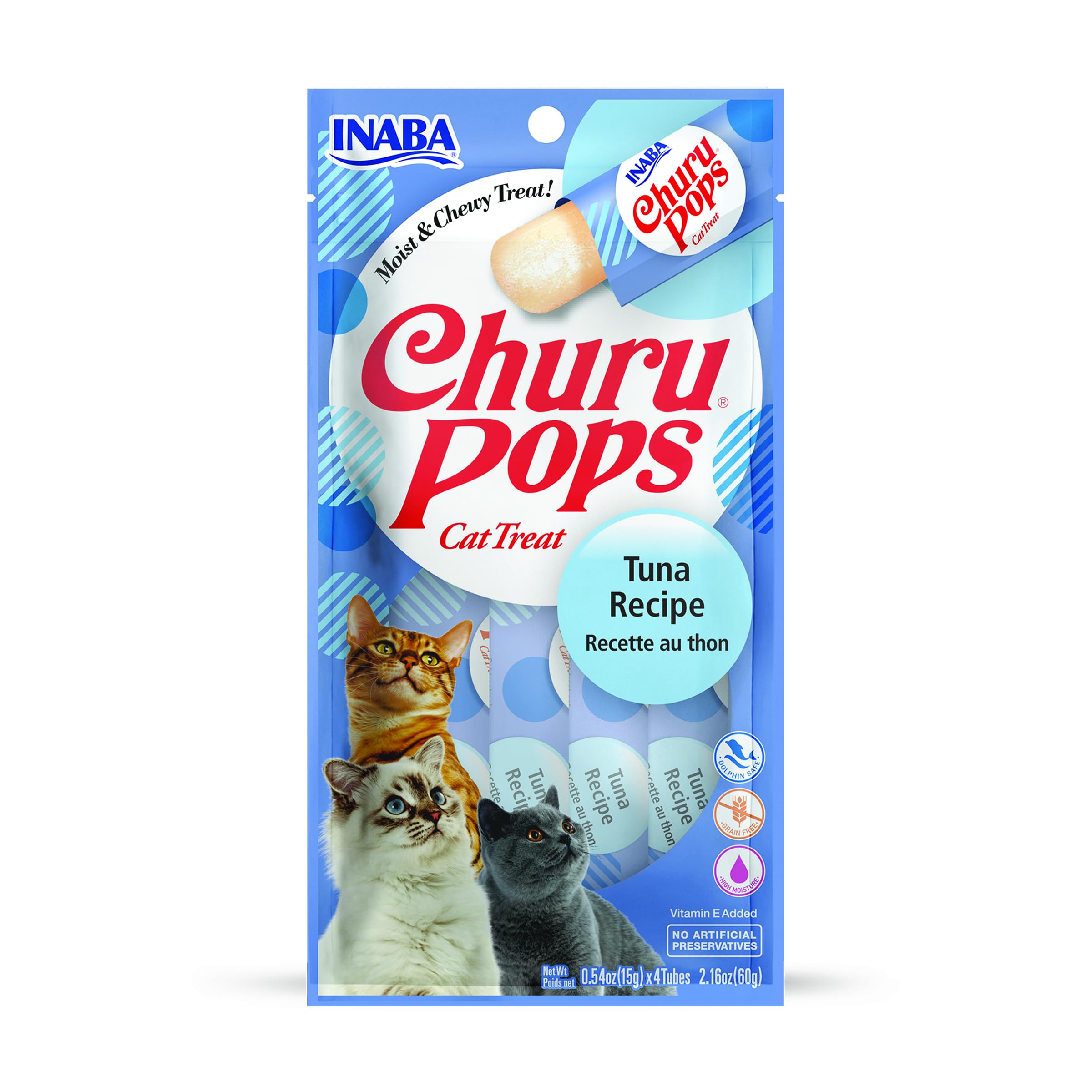 INABA Churu Pops Moist & Chewy Cat Treats - Tuna Flavor (4 Tubes) - Irresistible Lickable Cat Snacks for Training, Bonding & Hydration
