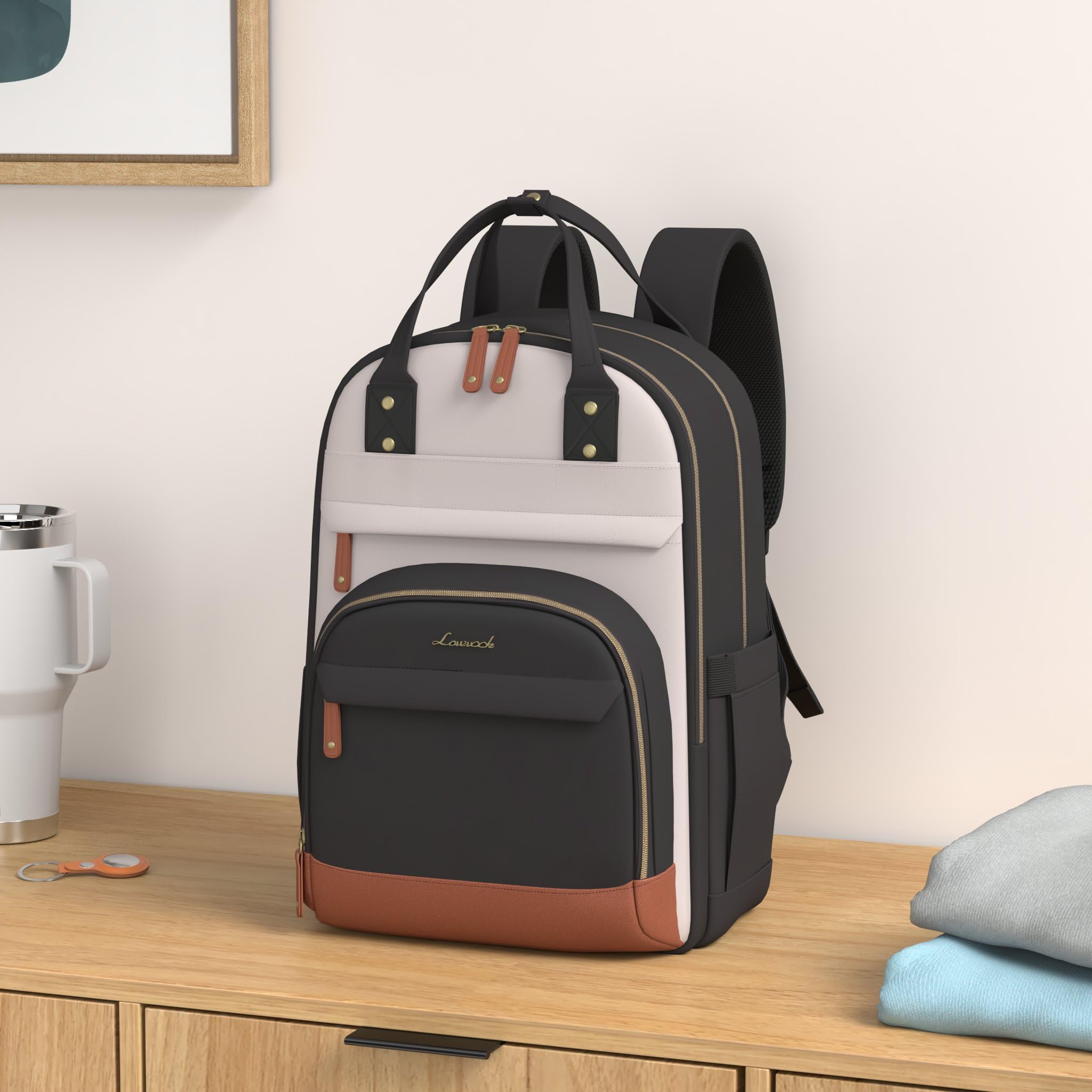 LOVEVOOK Women's Anti-Theft Laptop Backpack - 15.6 Inch Waterproof Computer Bag for Work, School & Travel | Stylish College Backpack Purse in Beige, Black & Brown | Perfect for Business Commute, Campus Life & Weekend Getaways