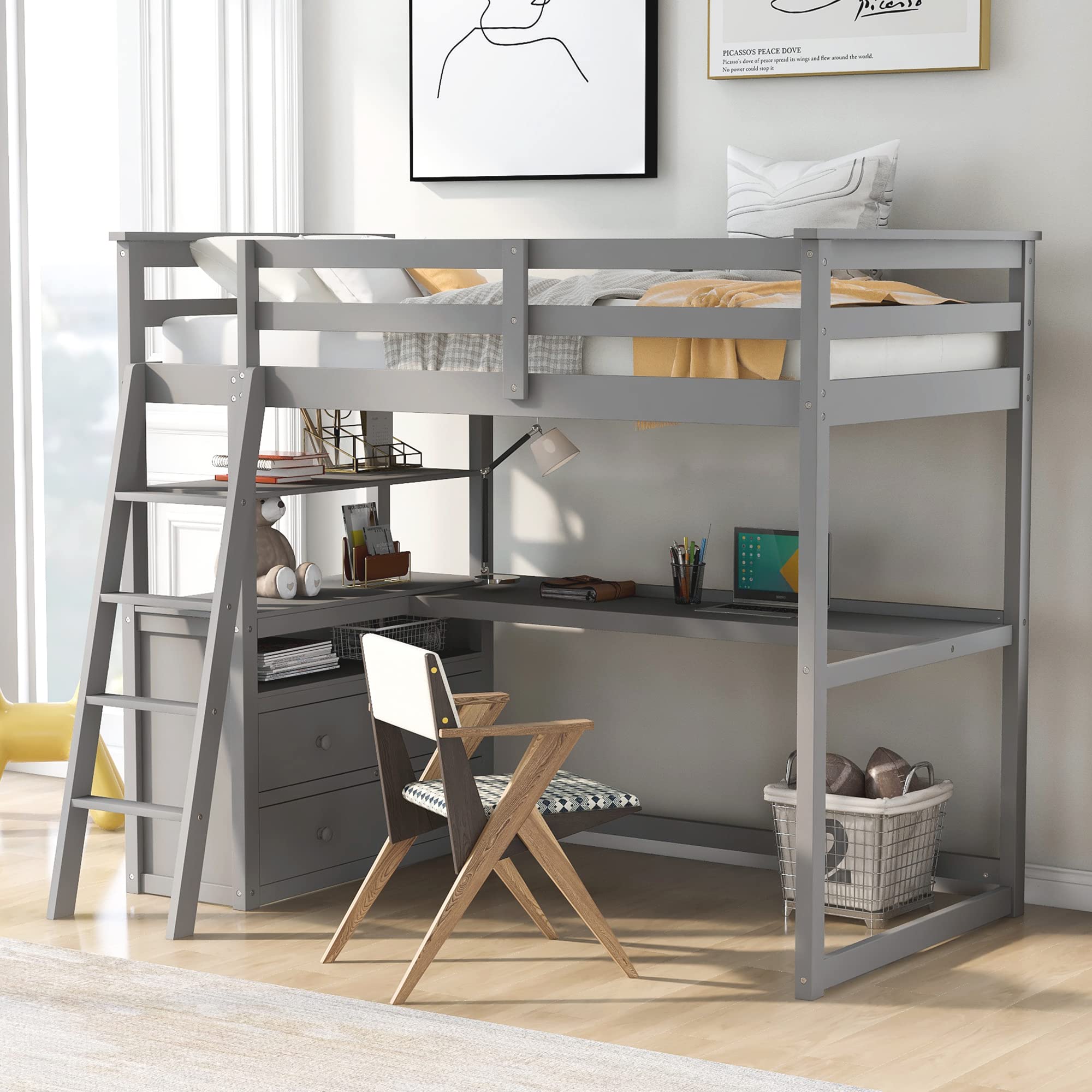 Merax Twin Size Wood Loft Bed with Desk & Storage Shelves - Sturdy Loft Bed Frame with 2 Built-in Drawers & Ladder - Space Saving Study Bed for Teens, Kids, Boys & Girls - Perfect for Small Bedrooms, Dorms & Studio Apartments (Gray)