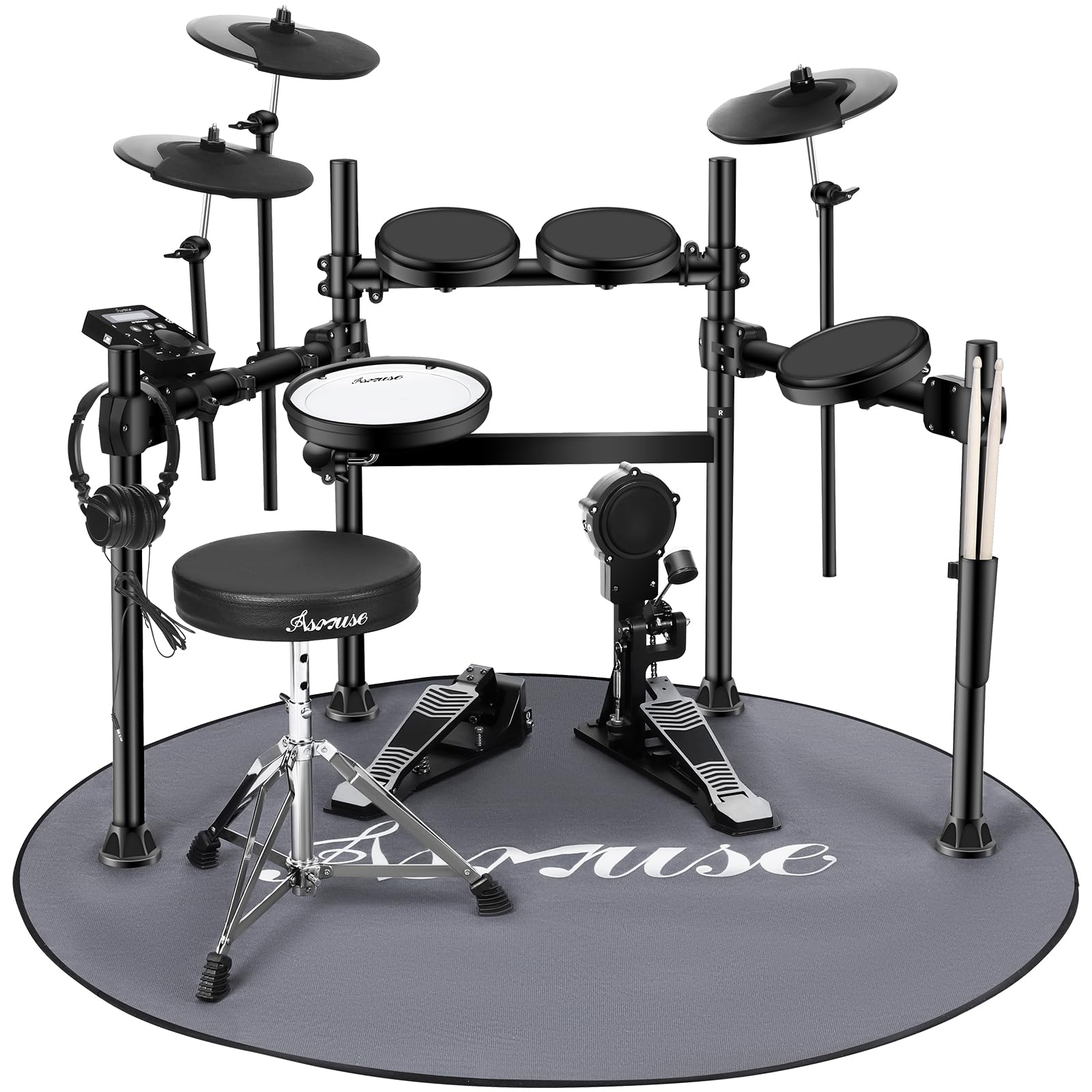 Asmuse AD-30 Electric Drum Kit with 4 Mesh Pads, Switch Pedals & Headphones - Electronic Drum Set for Beginners & Adults - Perfect for Home Practice, Studio Recording & Live Performance (Black)