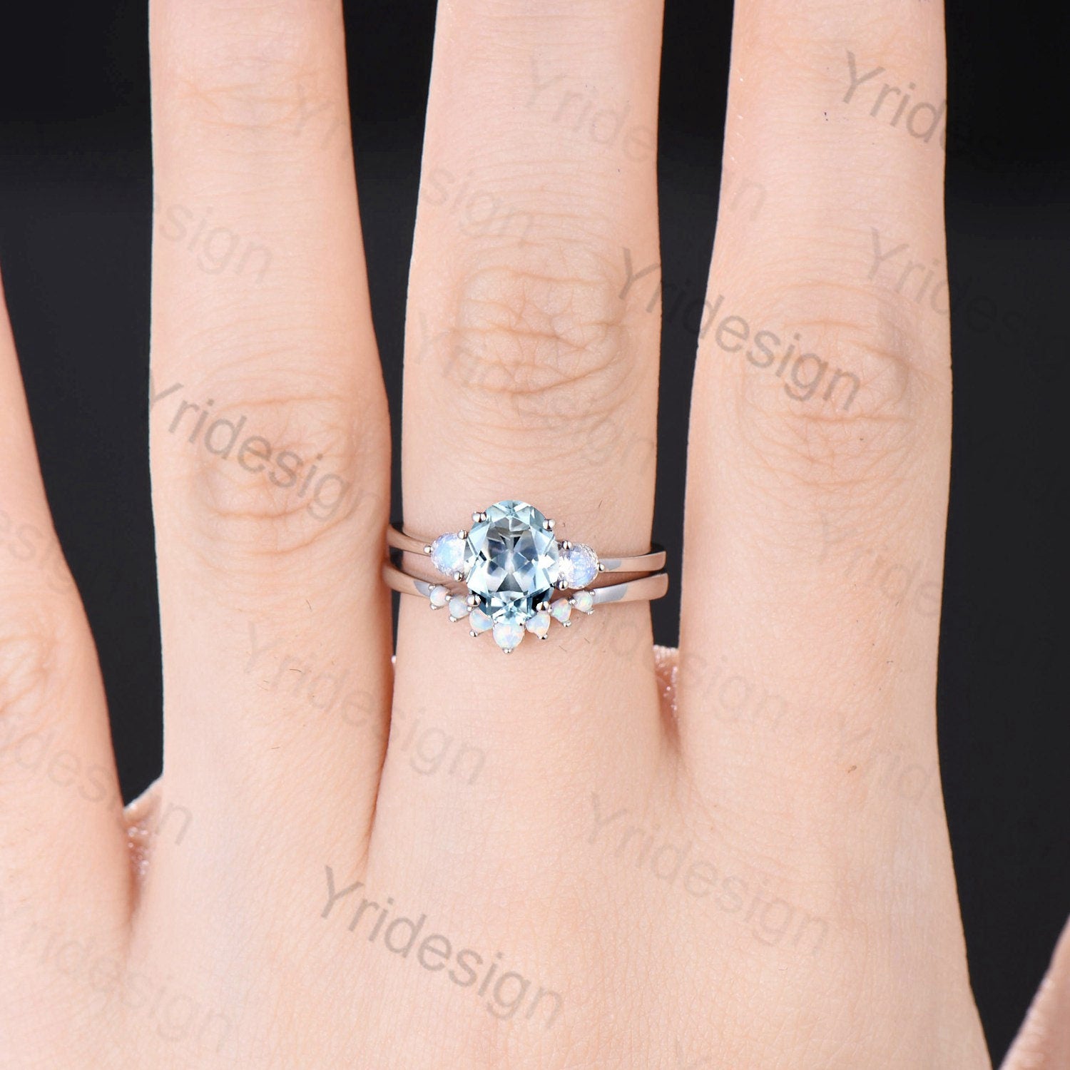 1.5CT Oval Aquamarine Engagement Ring Set - 14K Gold 3 Stone Moonstone Wedding Ring for Women, Art Deco Style Opal Stacking Band, Anniversary Gift for Her - Perfect for Proposals, Weddings & Special Occasions