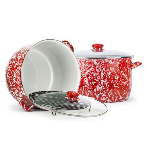 18 Quart Stock Pot with Red Swirl Enamel Coating - Large Durable Cooking Pot for Soups, Stews & Canning - Perfect for Home Kitchens & Commercial Use