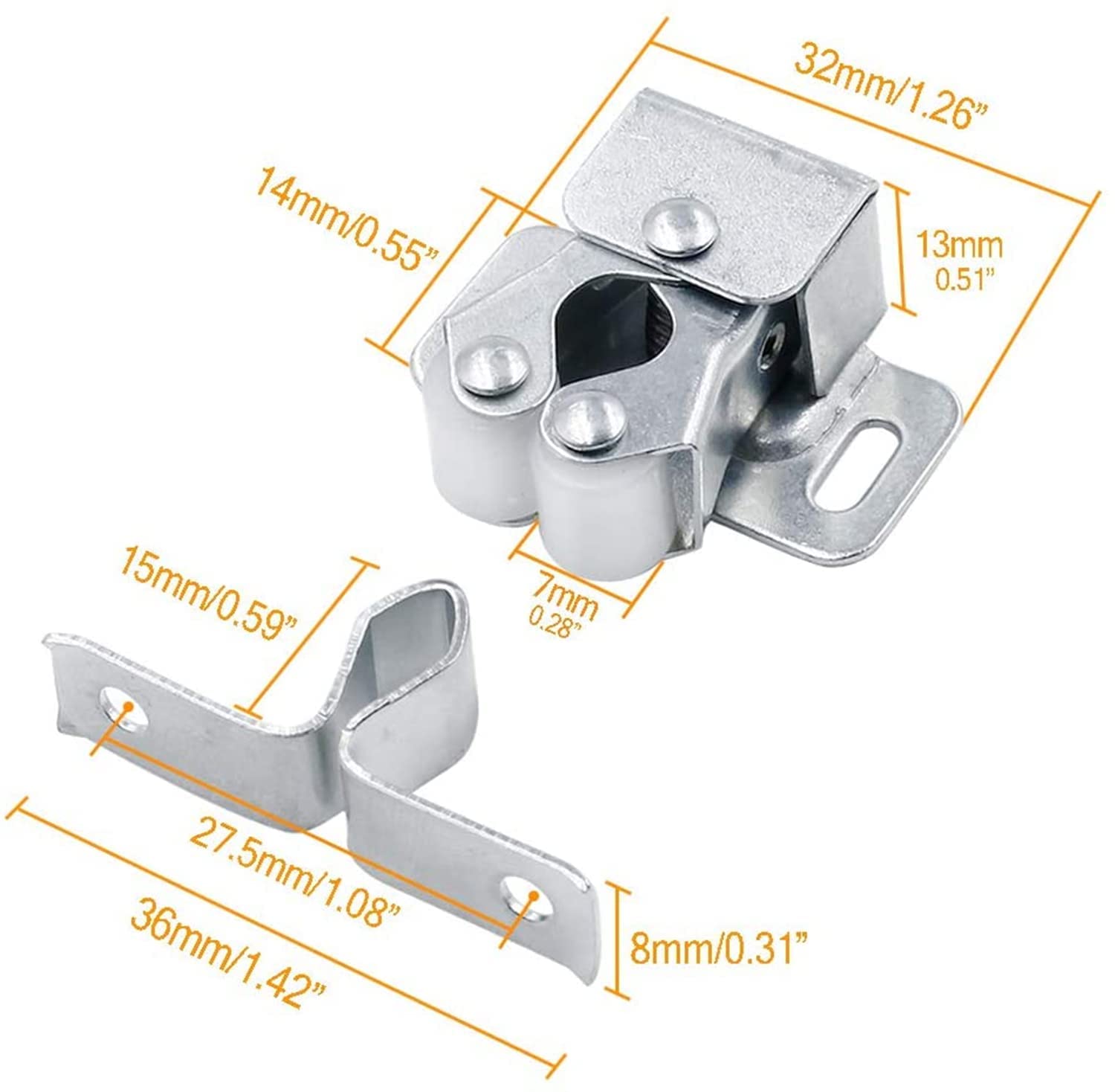 XMHF 20-Piece Silver Tone Double Roller Catch Cabinet Latch with Screws - Durable Drawer & Closet Hardware for Smooth Sliding Doors & Furniture Assembly