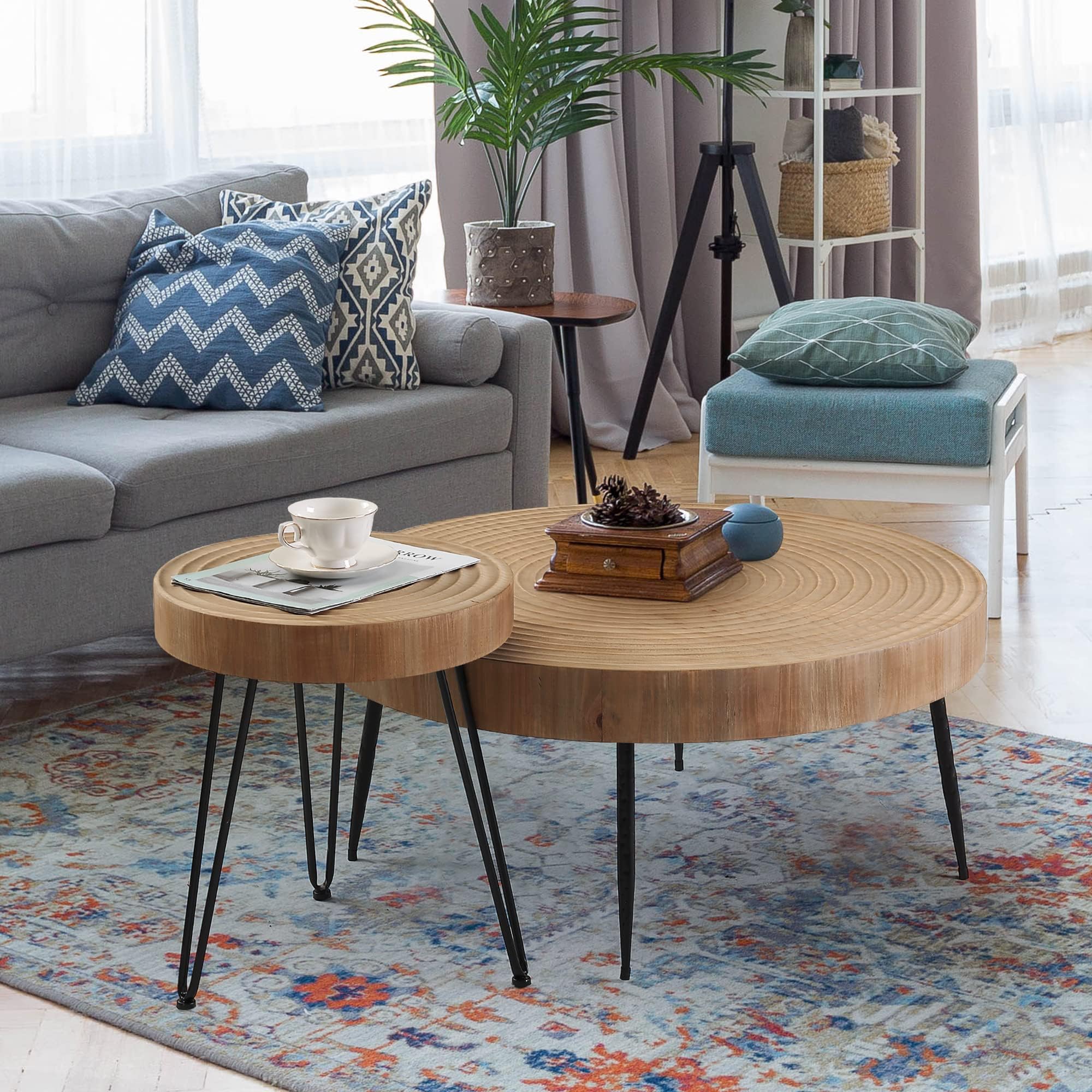 RUSTOWN 2-Piece Farmhouse Round Coffee Table Set - Modern Natural Wood Finish Cocktail & Side Tables for Living Room - Perfect for Home Decor, Cozy Gatherings & Small Spaces (Helical, Natural)