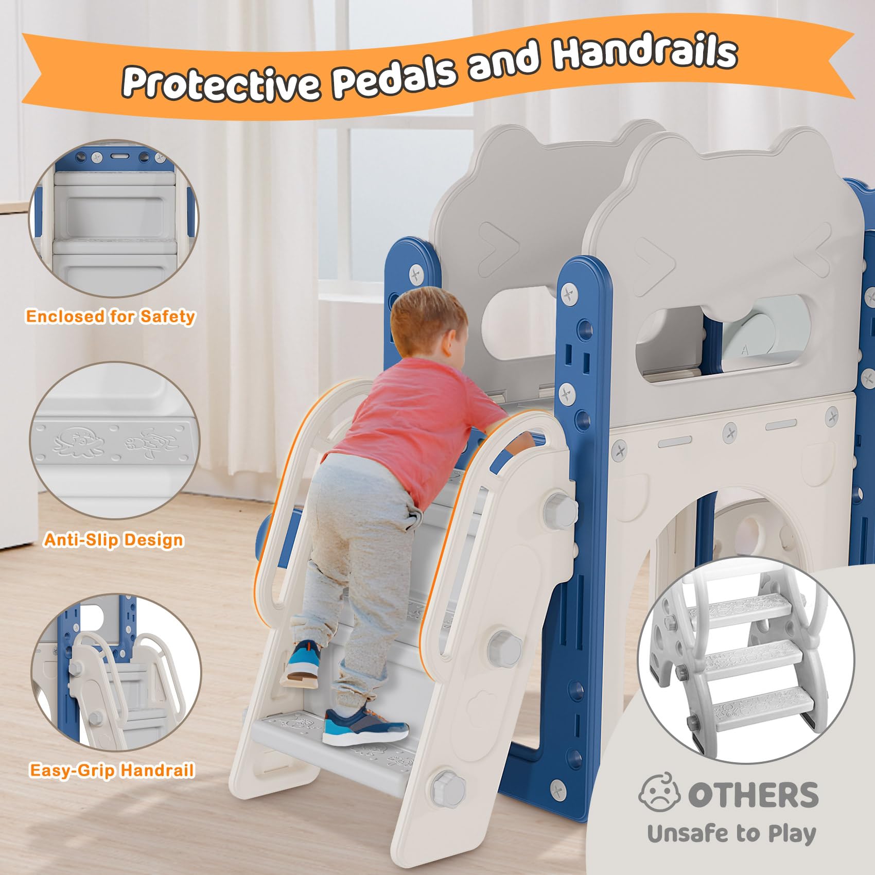 Babytronic 7-in-1 Toddler Slide Playset for Kids Ages 1-3 - Indoor & Outdoor Baby Slide with Basketball Hoop & Telescope - Blue & Gray Toddler Playground Equipment for Home, Backyard, Daycare & Preschool Play Areas