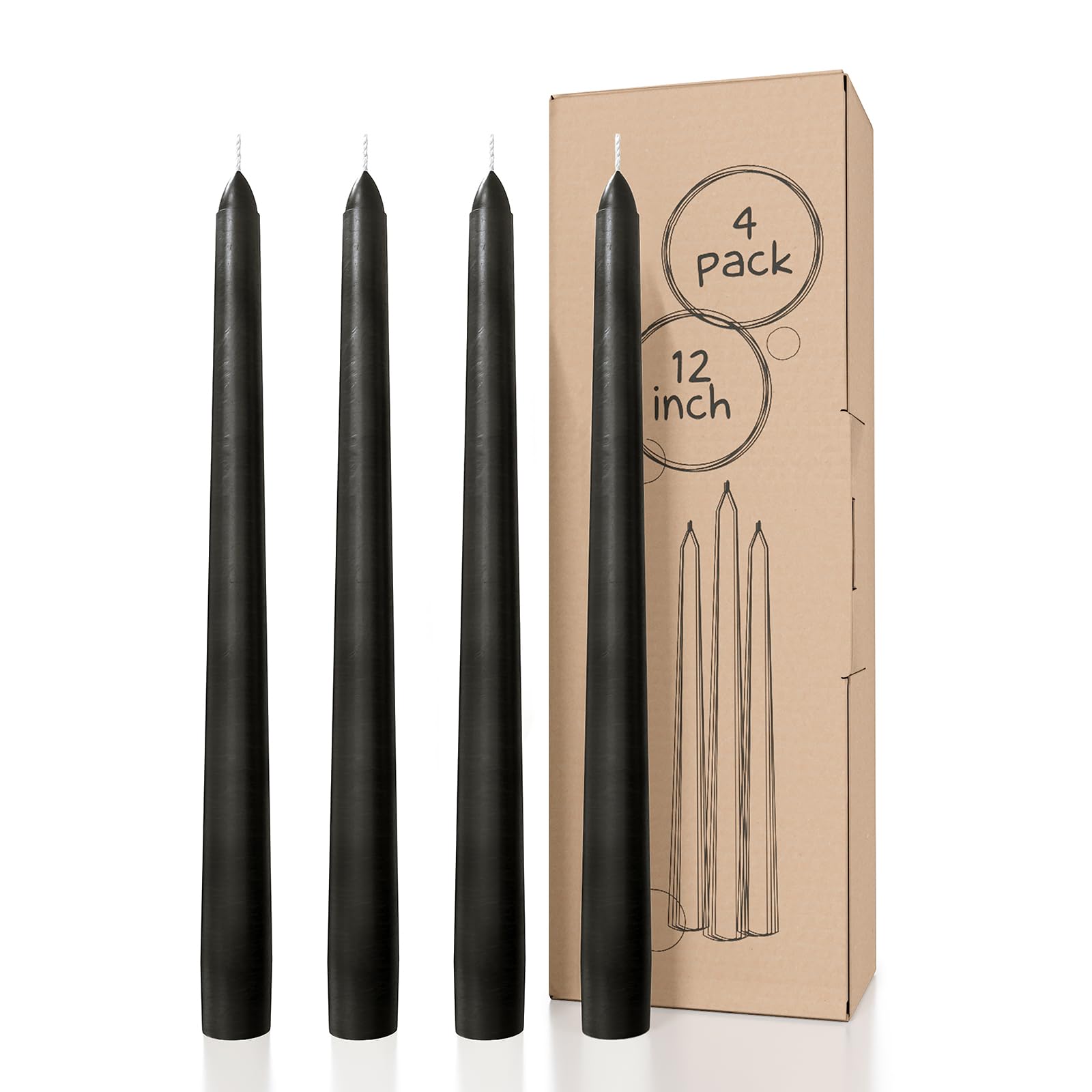 CANDWAX 12 Inch Unscented Black Taper Candles Set of 4 - Dripless, Smokeless, Slow Burning Tapered Candlesticks for Weddings, Dinner Parties, Church, and Home Decor - Coal Black Candles