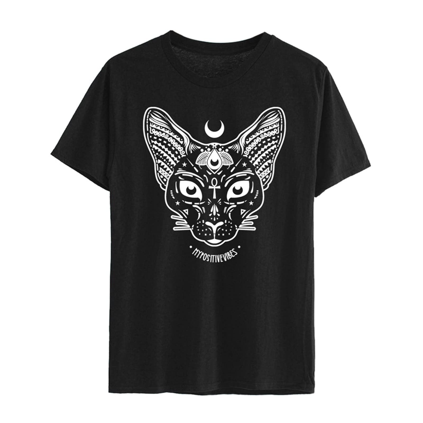 Women's Casual Short Sleeve Moon Cat Print Gothic Top - Punk Style Summer Blouse T-Shirt (Black, XXL) for Concerts, Parties & Alternative Fashion
