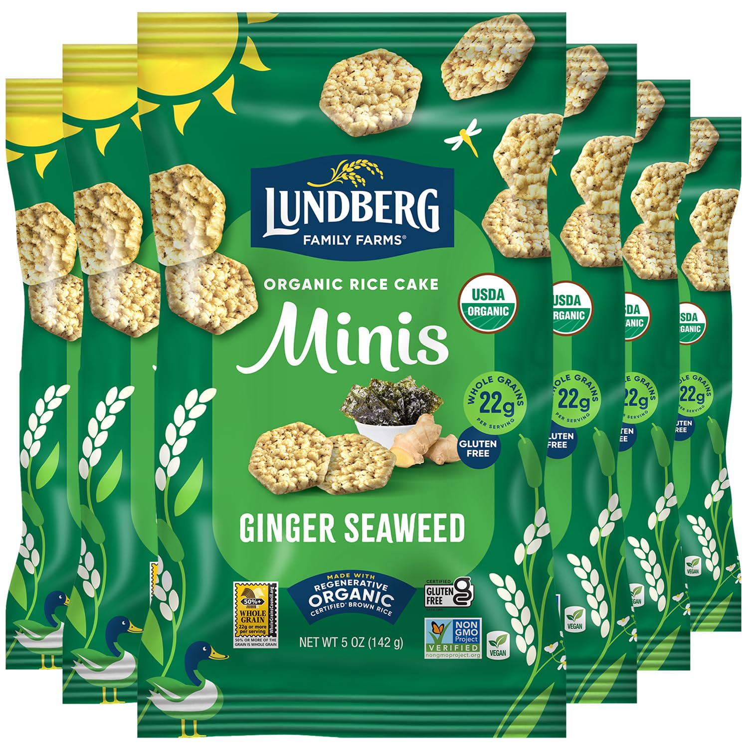Lundberg Organic Rice Cake Minis, Ginger Seaweed - Healthy Vegan & Gluten-Free Snacks for Adults & Kids, Perfect for On-the-Go, School Lunches & Party Platters, 5 Oz (Pack of 6)