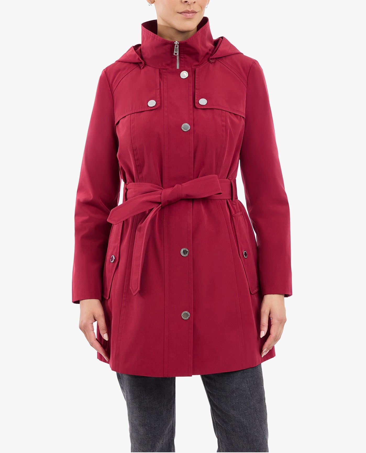 Women's Zip Front High Neck Hooded Trench Coat with Belt - Stylish Waterproof Outerwear for Fall & Winter Fashion