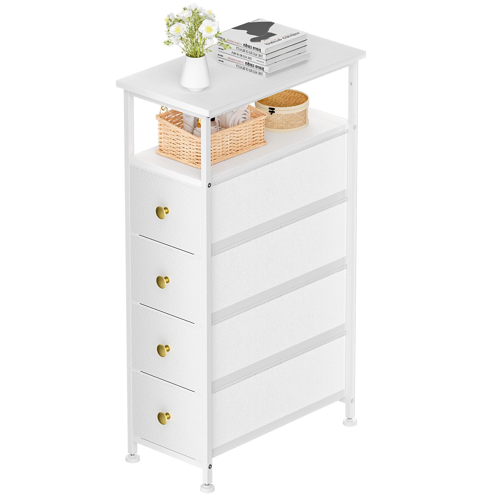 Slim White Dresser for Bedroom - 4 Fabric Drawer Storage Tower with Wood Shelf | Space-Saving Organizer for Small Spaces, Bathroom, Laundry & Closet | Perfect for Apartments, Dorms & Tiny Homes