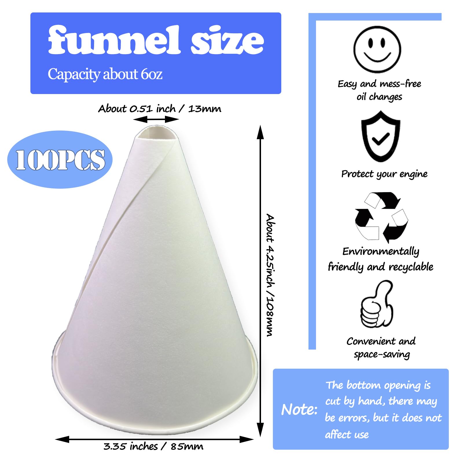 100 Pcs Disposable Paper Funnels 6oz - Motor Oil Funnel for Engine, Kitchen, Bottle Filling - Leak-Proof & Eco-Friendly - Perfect for DIY Auto Repair, Cooking, and Crafting
