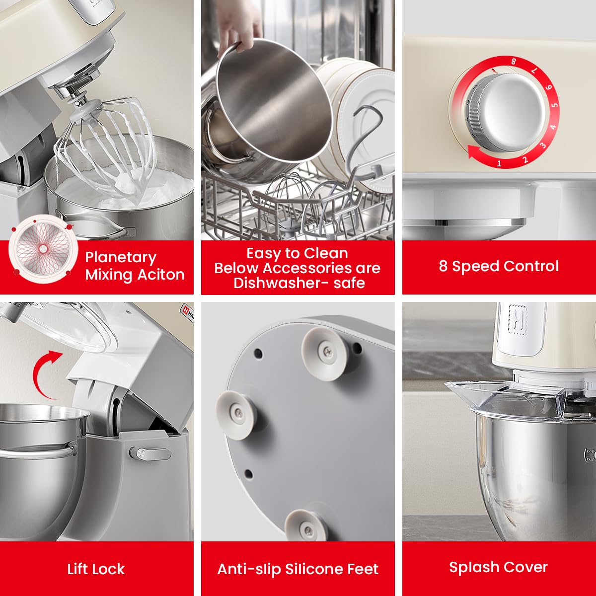 Hauswirt M5C 500W 5.4Qt Tilt-Head Stand Mixer - 8 Speed Electric Kitchen Mixer with Dough Hook, Wire Whip & Beater (Ivory White) - Perfect for Baking Bread, Cakes, Cookies & More
