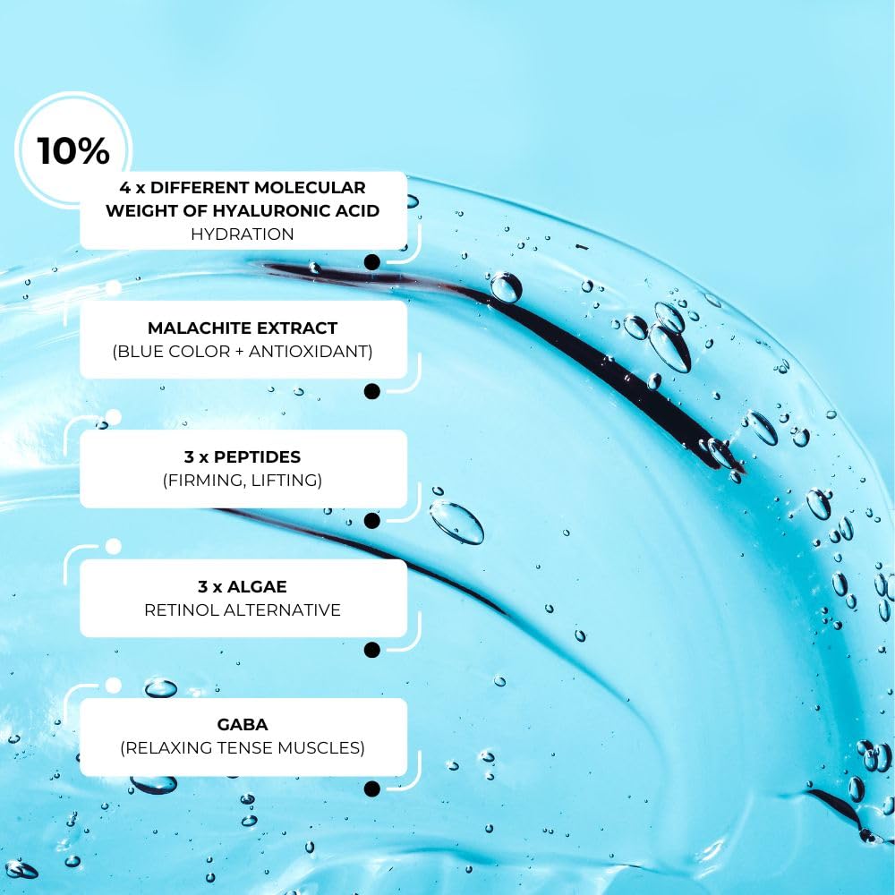 BLU’MARINE Pacific 4D Pro-Collagen Hydrating Face Serum with Malachite Extract, 4D Hyaluronic Acid & GABA - 1oz Anti-Aging Moisturizer for Dry Skin - Perfect for Night Routine & Post-Travel Skincare Recovery