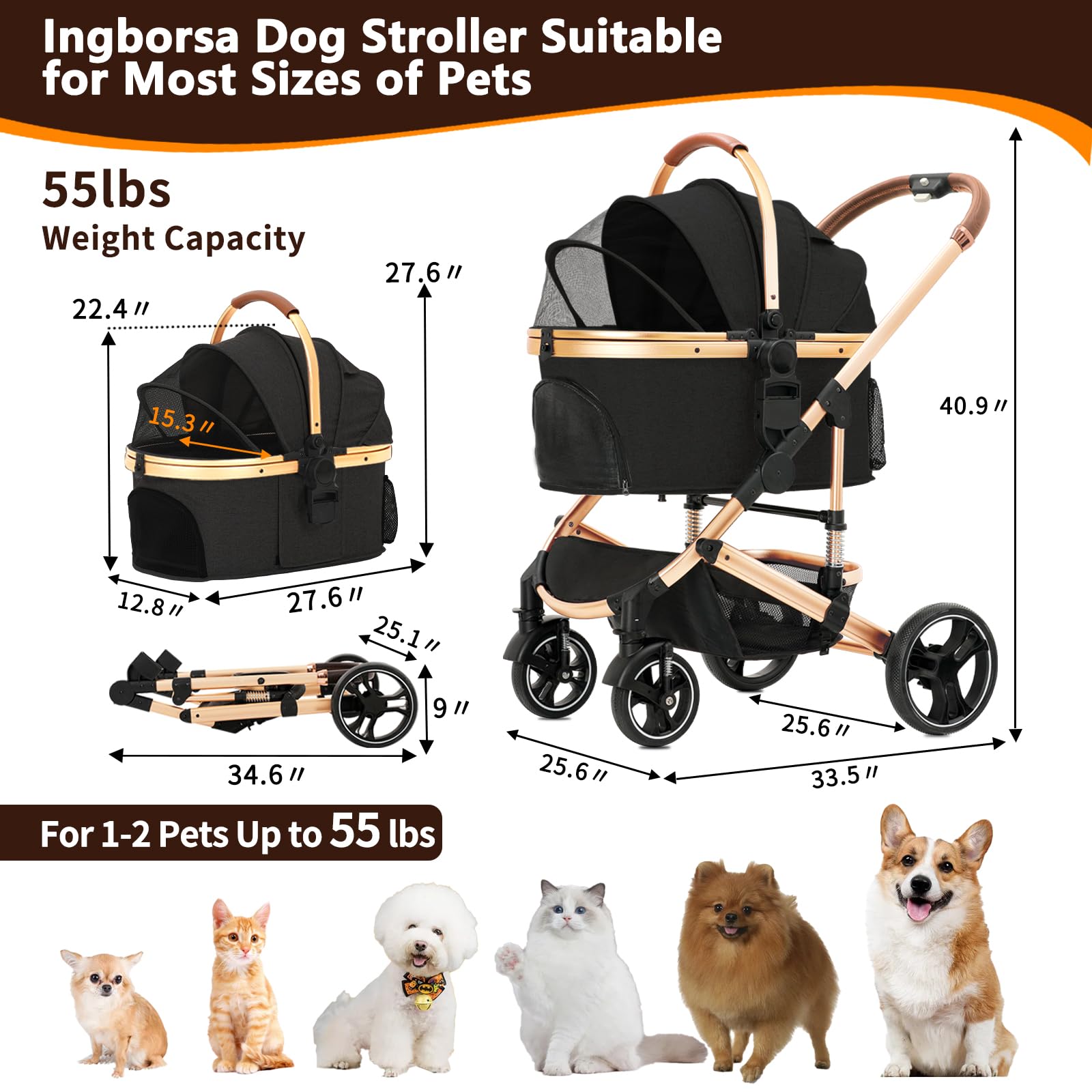 Premium 3-in-1 Folding Lightweight Pet Stroller with Detachable Carrier & Storage Basket - 4 Wheel Travel Stroller for Dogs, Puppies & Cats (Black) | Perfect for Vet Visits, Outdoor Walks & Shopping Trips