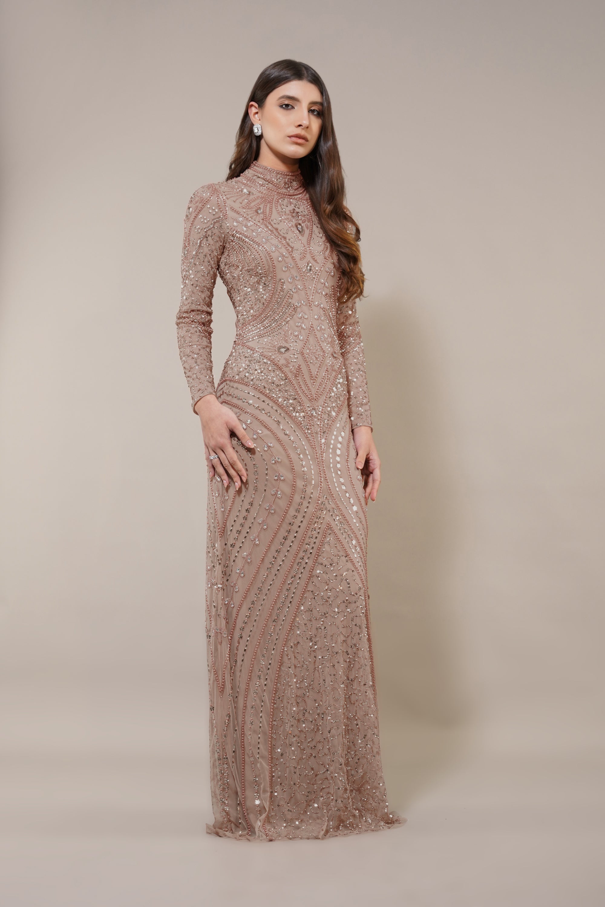 Elegant Lotus Embellished Maxi Dress in Taupe - Perfect for Weddings, Parties & Summer Vacations