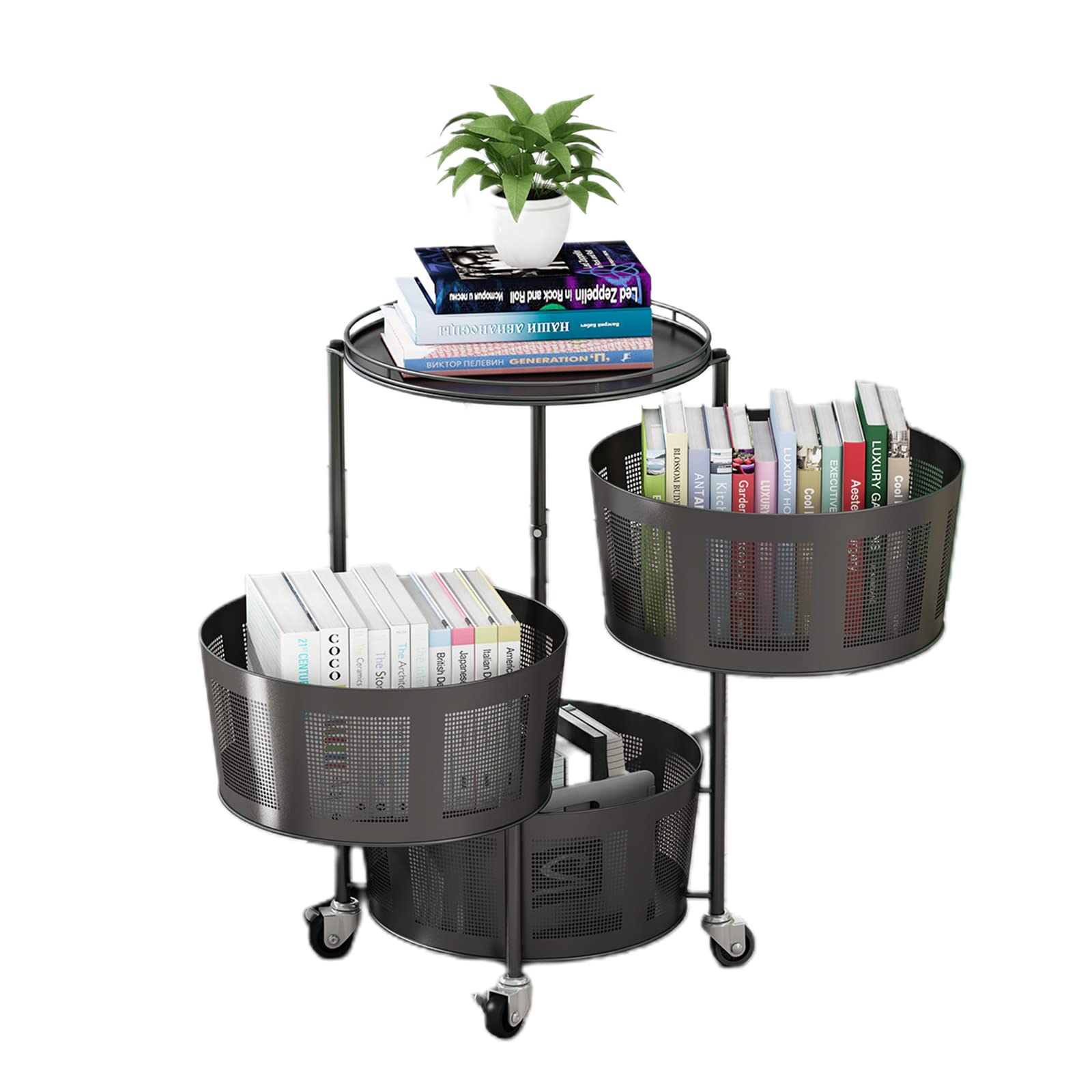 3-Tier Rotating Kitchen Storage Rack with Wheels - Round Spinning Organizer Shelf for Vegetables, Fruits & Pantry Items - Space-Saving Floor Standing Storage Basket for Kitchen, Living Room & Bathroom - Black (Perfect for Small Spaces & Clutter-Free Organization)