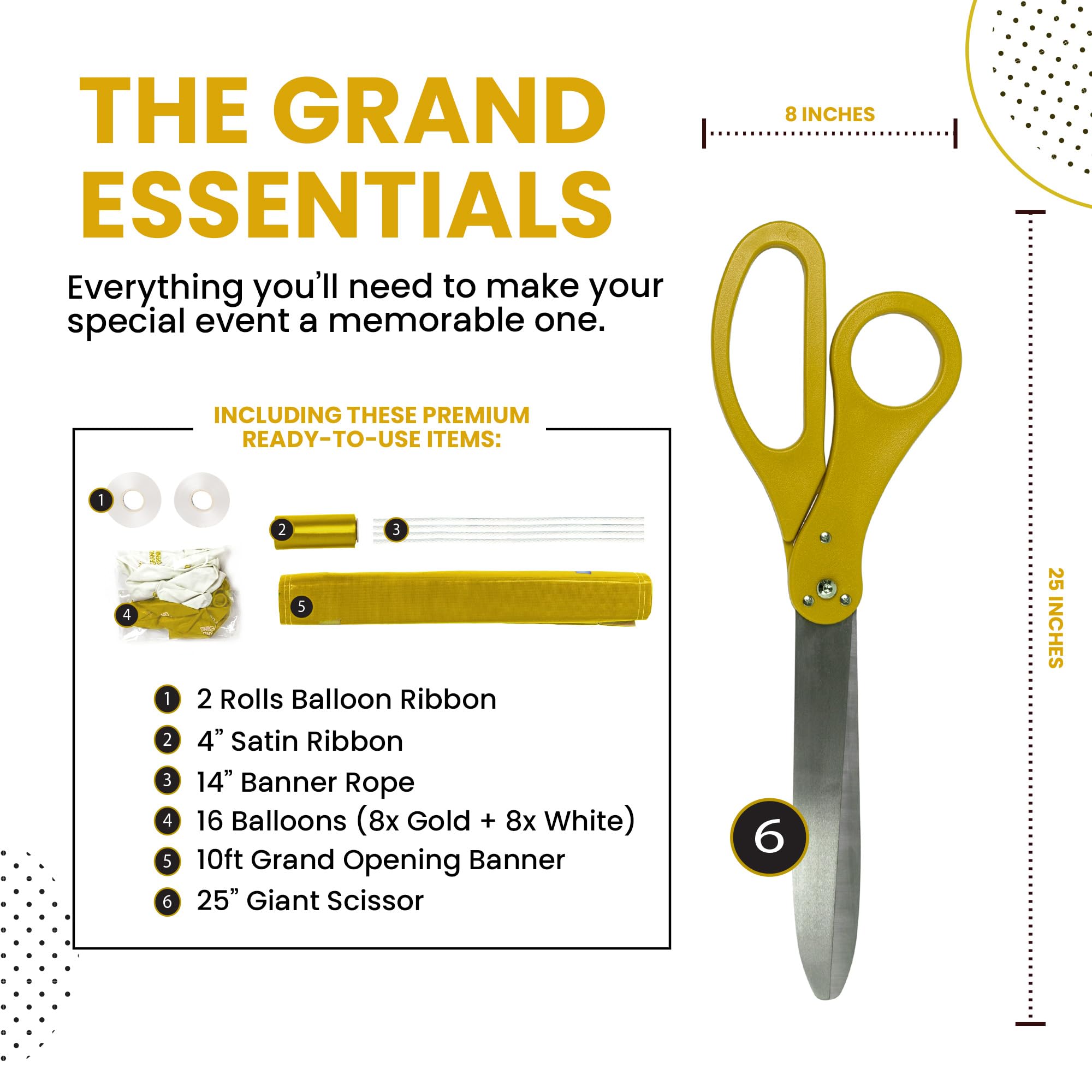 Nashira 25 Inch Giant Scissors with Gold Satin Ribbon - Heavy Duty Metal Ribbon Cutting Ceremony Kit for Grand Openings, Inaugurations & Special Events | Includes Banner & Balloons (Gold/White/Red) | Perfect for Store Openings, Business Launches & Corporate Events