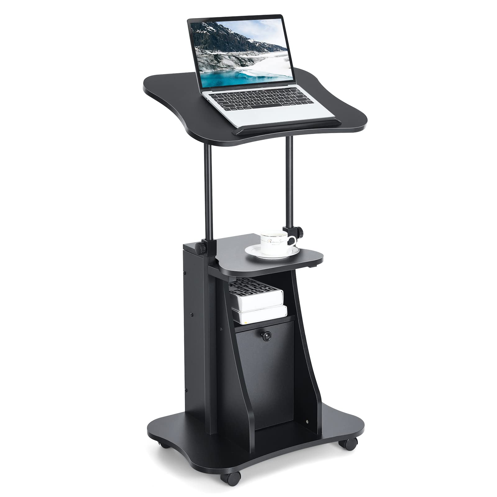 Tangkula Adjustable Mobile Laptop Podium Stand - Rolling Lectern Cart with Tilting Desktop & Storage Cabinet - Ergonomic Sit to Stand Office Desk for Teachers, Presenters & Remote Work (Home & Office Use)