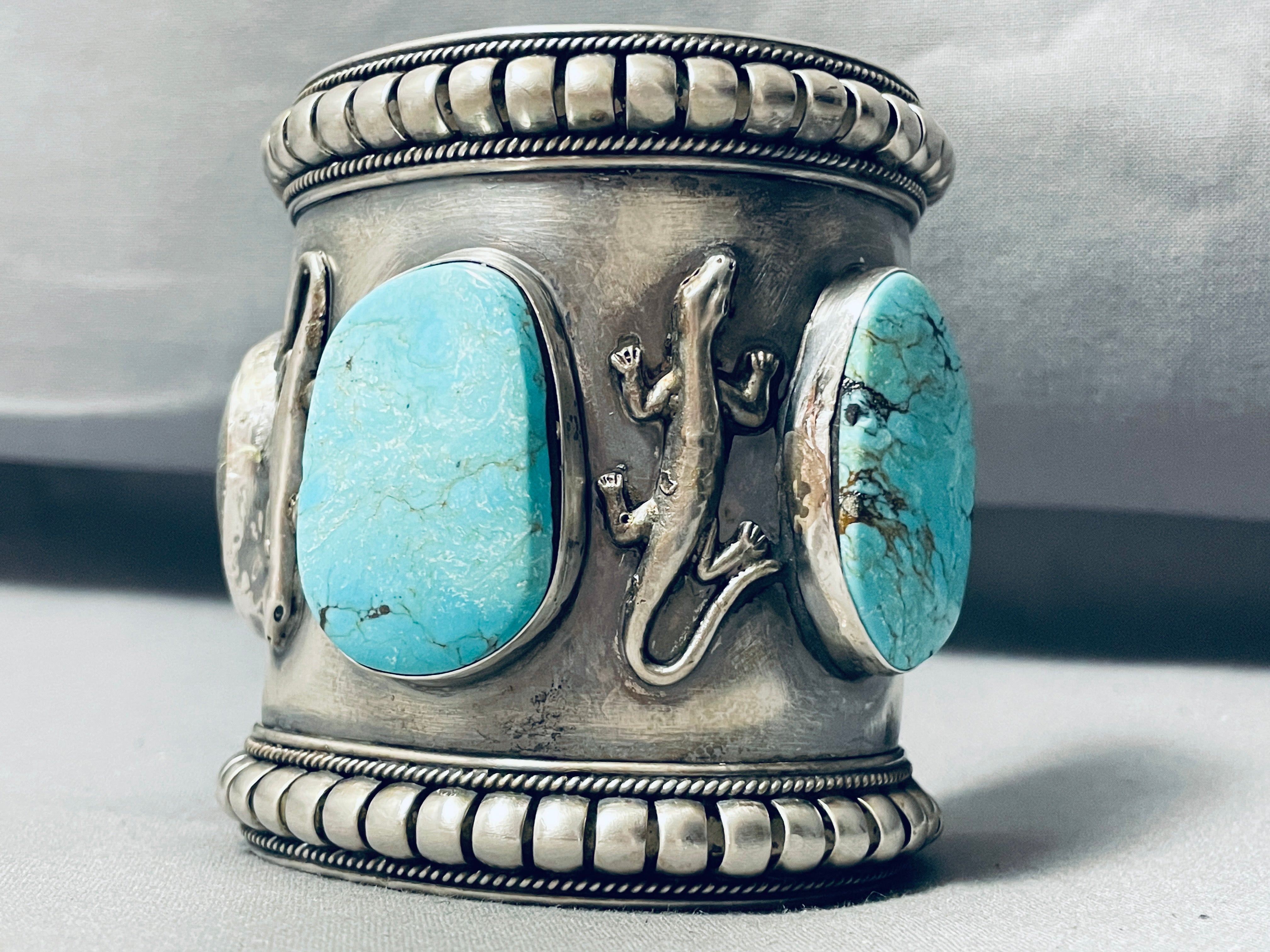 Authentic Native American Navajo Turquoise Sterling Silver Bracelet - 160 Gram Handmade Gecko Design Jewelry for Women, Perfect for Boho Fashion & Spiritual Healing