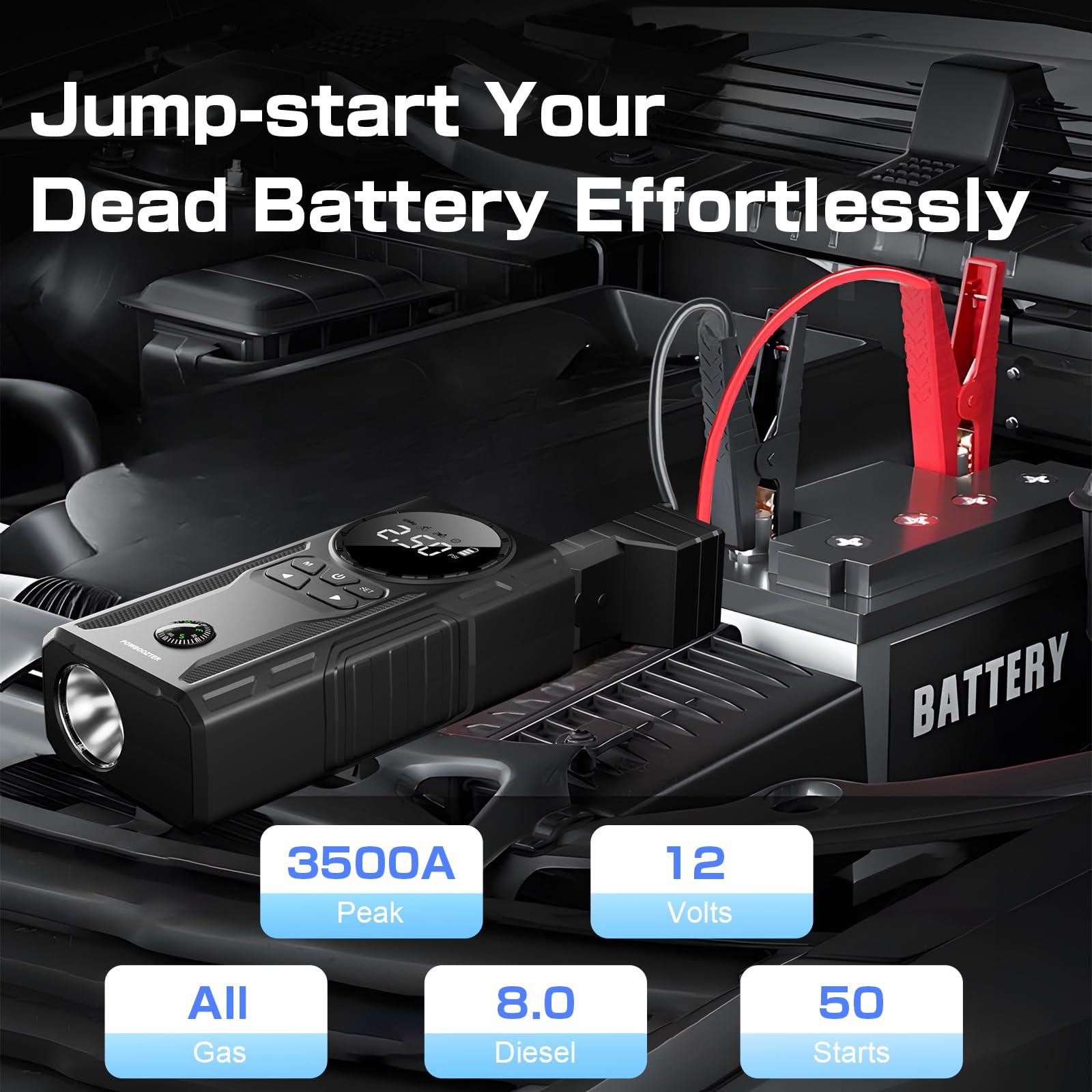 3500A Portable Car Jump Starter with Air Compressor - Emergency Battery Booster for All Gas & 8.0L Diesel Engines, Tire Inflator with LCD Display, USB Ports & LED Flashlight - Perfect for Roadside Emergencies, Camping & Outdoor Adventures