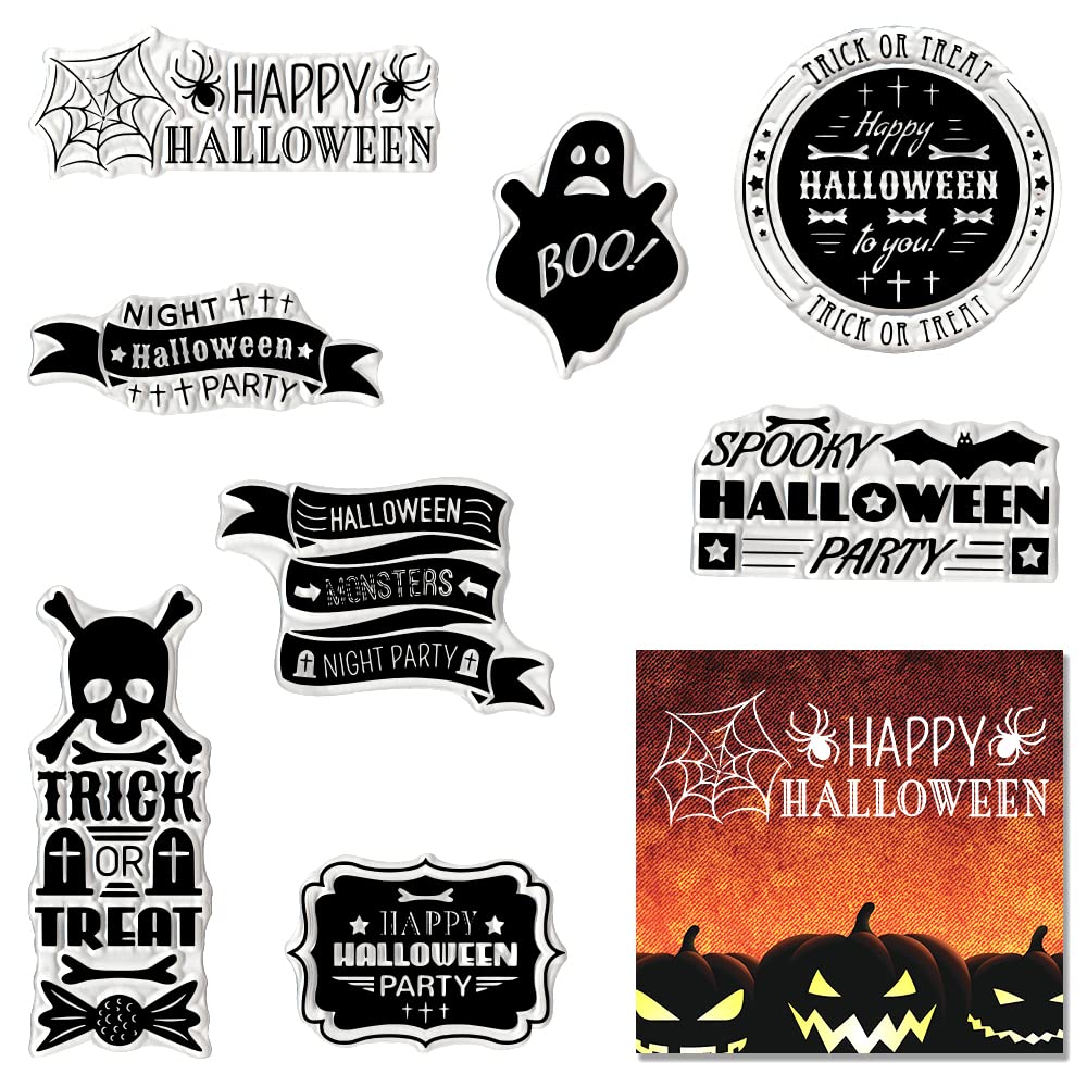 Happy Halloween Clear Rubber Stamps Set - Ghost & Skull Words for Card Making, Bullet Journal, DIY Scrapbook, Notebook Decoration - Perfect for Handmade Crafts, Party Invitations & Spooky Season Decor