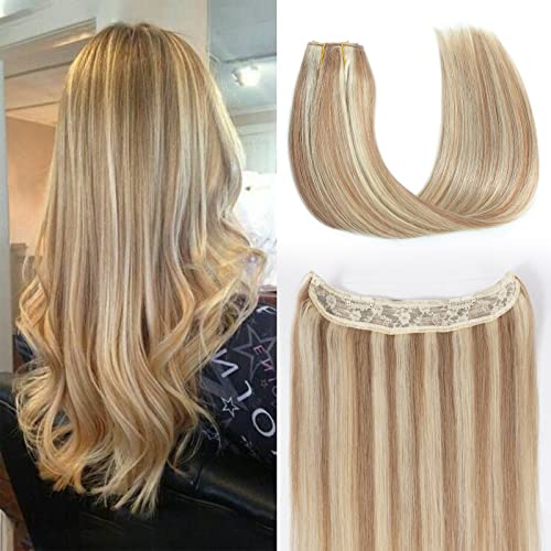 Tinashe 12-Inch Real Human Hair Extensions - Straight 70g Light Blonde Highlighted Golden Blonde Wire Hair Extensions with Invisible Fish Line (#16/613) | Perfect for Daily Wear, Parties, and Special Occasions