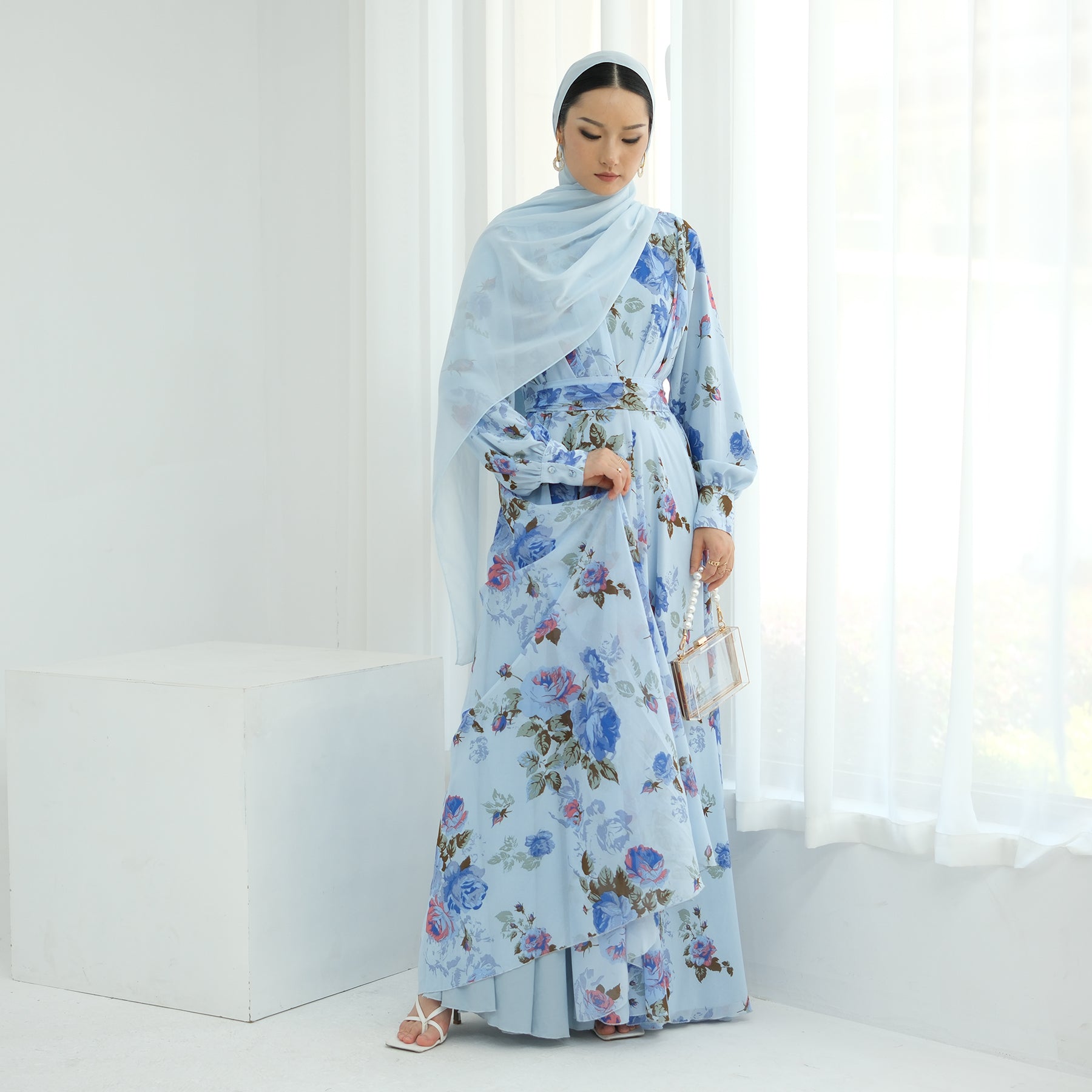 Elegant Gardenia Floral Maxi Dress in Blue & Pink - Perfect for Summer Weddings, Beach Vacations & Boho Chic Outfits