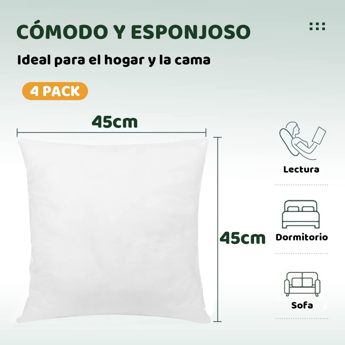 45x45 cm Cushion Filler (4 Pack) - Virgin Hollow Silicone Fiber Filling for Sofa or Bed, Soft & Non-Deformable, Durable & Washable - Perfect for Home Decor, Living Room, Bedroom, and Office Comfort
