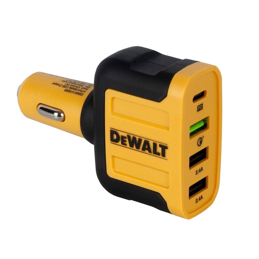 DEWALT 60W 4-Port USB C Car Charger with PD Fast Charging - Compatible with iPhone 16/15, Samsung Galaxy, iPad & More - Perfect for Road Trips, Commuting & Multi-Device Charging in Vehicles