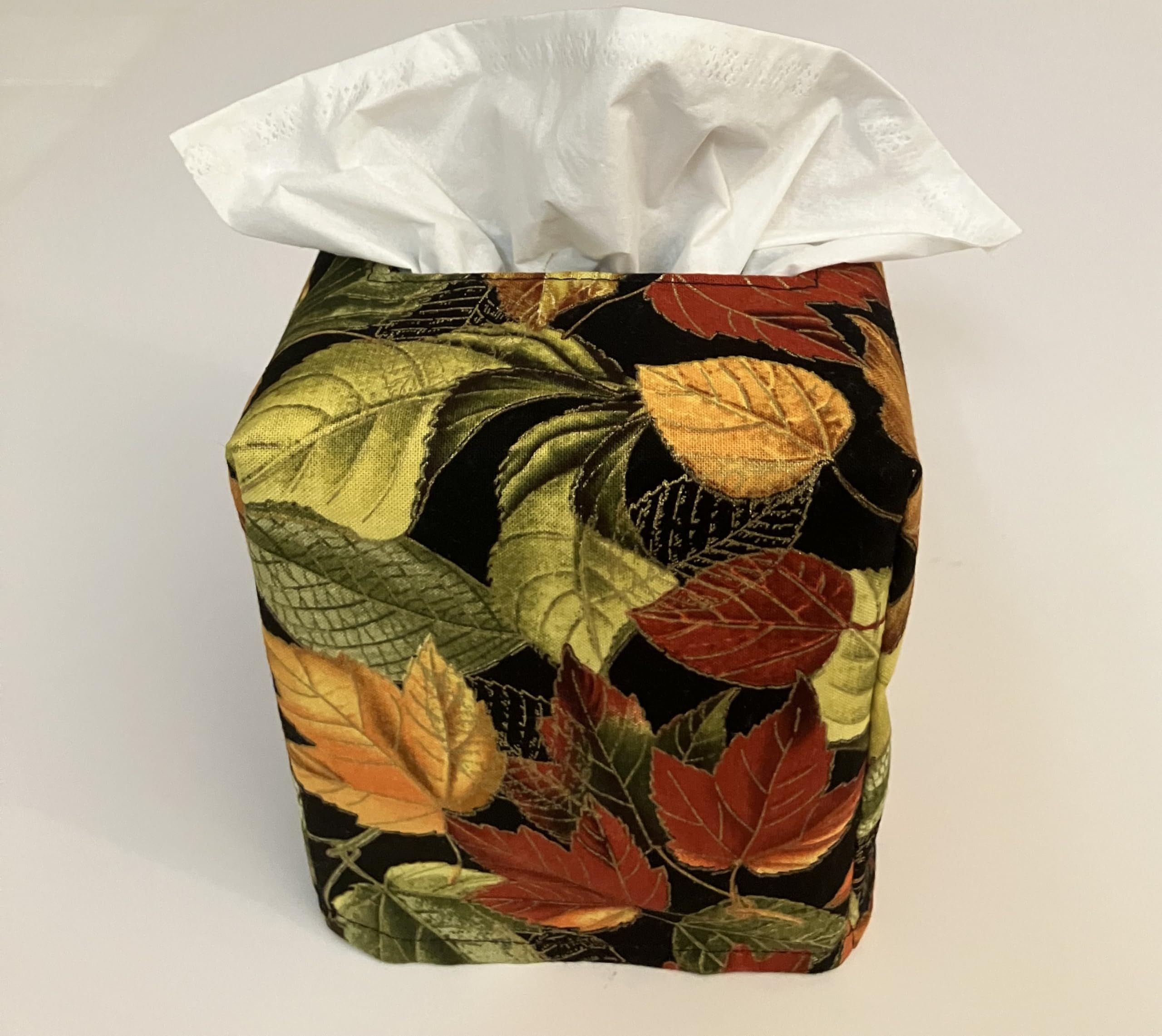 Square Tissue Box Cover with Glittering Fall Leaves on Black Fabric - Autumn Home Decor for Living Room, Bedroom & Office