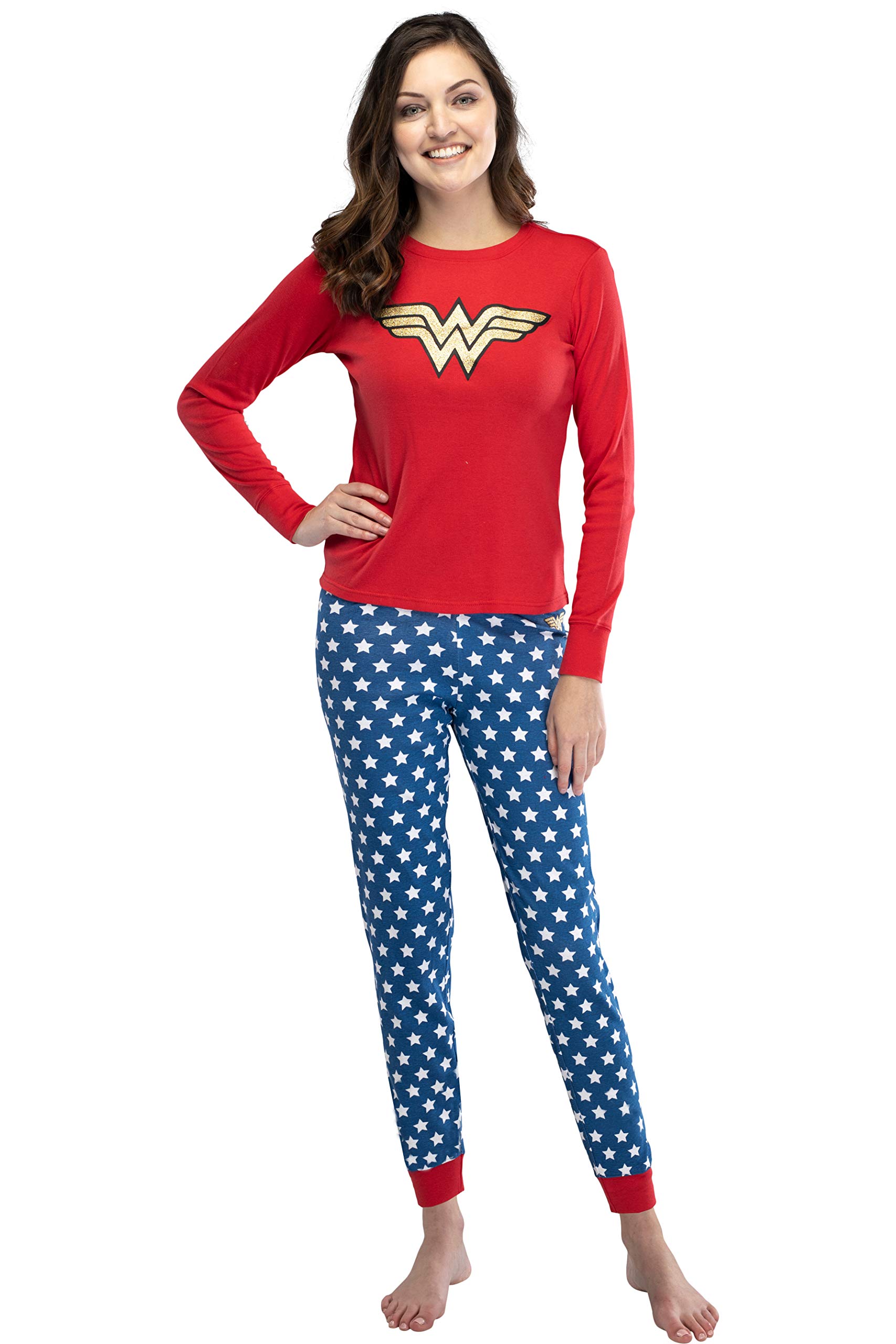 INTIMO Women's Wonder Woman Glitter Logo Pajama Set - Superhero Sleepwear for Women - Soft & Comfortable Pajamas for Lounge, Sleep & Cosplay