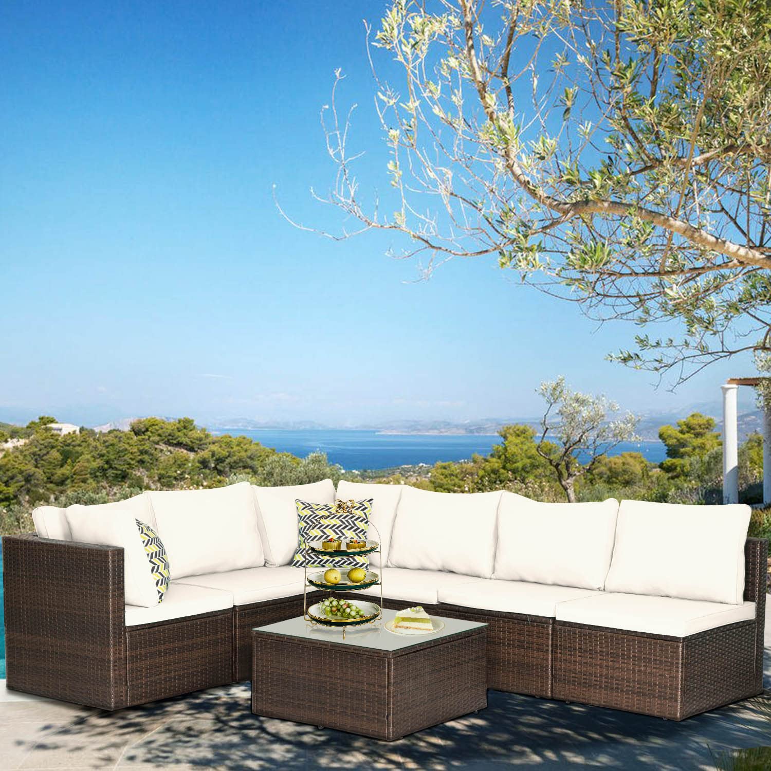 7-Piece Outdoor Patio Furniture Set - Wicker Conversation Sectional Sofa with Coffee Table - Khaki Cushioned Backyard, Porch, Balcony & Poolside Lounge Set for Relaxing & Entertaining