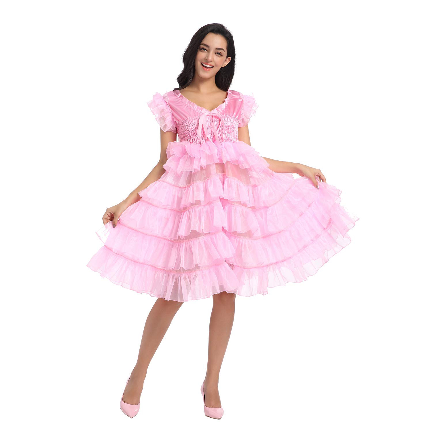 JOLINE Women's Pink Organza Layered Dress for Crossdressing - Elegant Sissy Party Dress for Special Occasions, Cosplay and Night Out