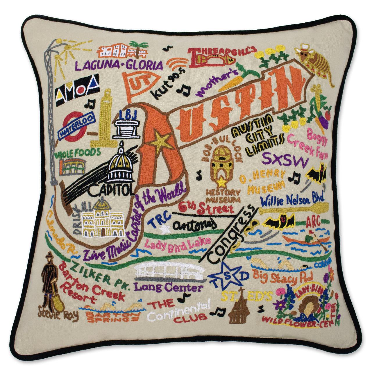 Hand Embroidered Austin Texas Throw Pillow Cover - Southwestern Home Decor for Living Room, Bedroom & Couch