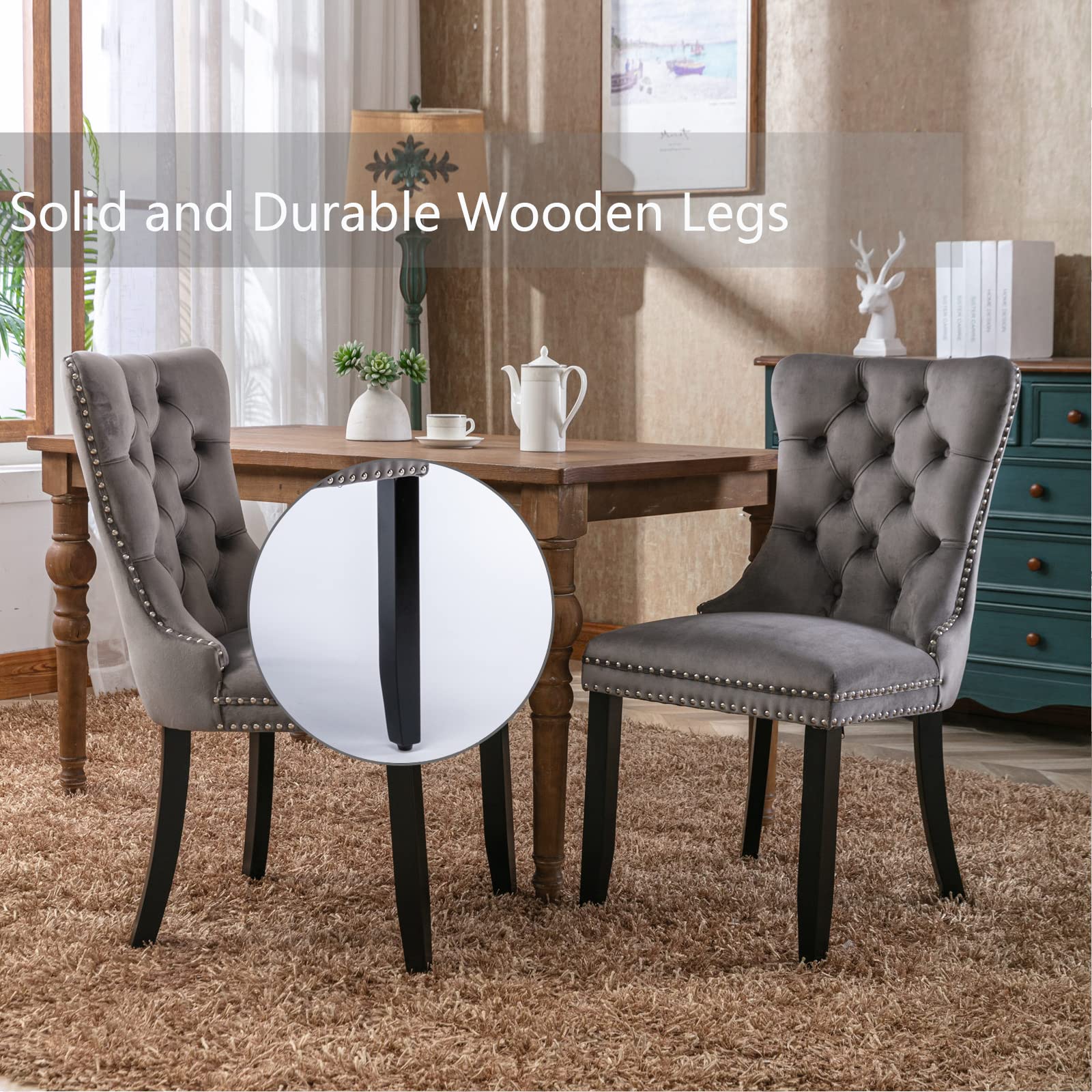 4 Grey Velvet Dining Chairs Set - Upholstered Modern Kitchen Chairs with Tufted Wingback Design, Ring Pull Trim & Solid Wood Legs for Dining Room, Living Room, Kitchen - Perfect for Home Decor, Restaurant & Office Use