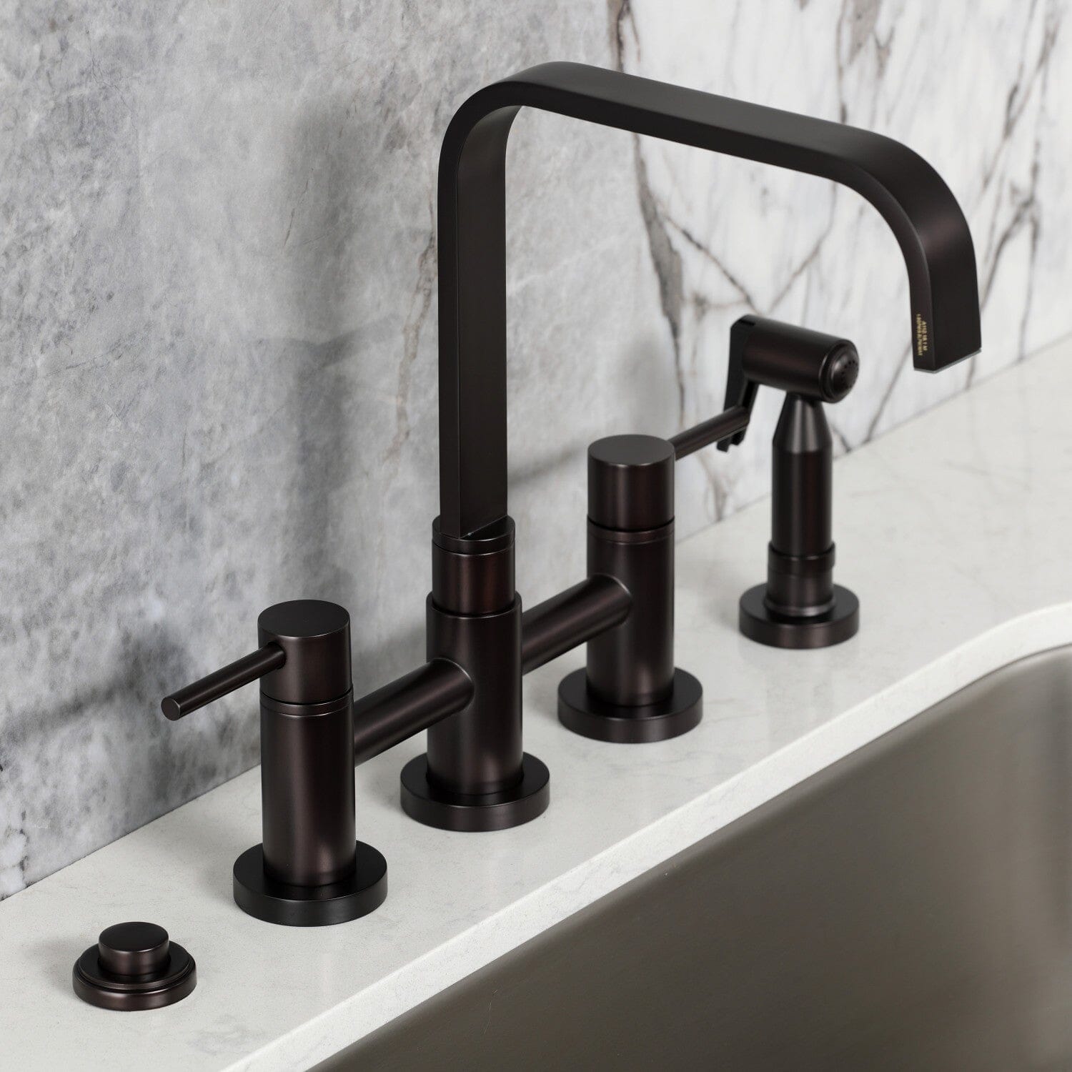 Concord Two-Handle 4-Hole Deck Mount Bridge Kitchen Faucet with Brass Side Sprayer - Perfect for Modern Farmhouse & Industrial Style Kitchens